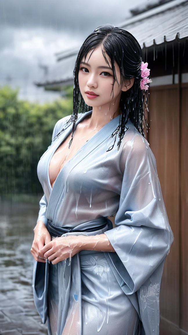 (RAW shooting:1.5, Photorealistic:1.5, 16k, highest quality, masterpiece, Ultra-high resolution), Perfect dynamic composition:1.3, (heavy snow, On a cliff on a precipitous cliff, Great background, Expressions of sadness:0.9), Highly detailed skin and facial textures:1.3, Wet slim woman:1.2, Random Shot, Fair skin:1.2, Mysterious portrait:1.1, Incredibly slim body:1.2, aesthetic:1.1, Very beautiful face:1.2, Water droplets on the skin, (Rain dripping down on my body:1.1, Wet body:1.1, Wet Hair:1.1), (Professional kimono dressing:1.1, With a wet bouquet:1.2, The correct way to wear a wet silver kimono:1.3), (Shapely breasts, Chest gap), (Beautiful erotic eyes:0.8, Beautiful, erotic lips:0.8), (Too erotic:0.9, Fascinating:0.9), necklace, Earrings, bracelet