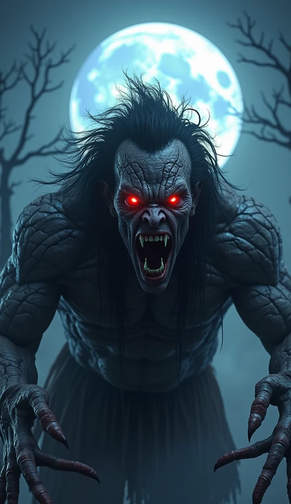Create a very strong being, with long hair all over his body, more than 250 centimeters tall, with large teeth, exaggerated mouth and yellow eyes, he is standing in a forest in the middle of the night