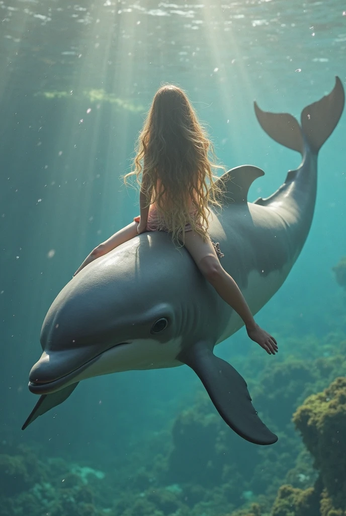 Create an enchanting artwork featuring a modestly dressed girl gracefully swimming alongside a magnificent beluga whale. Picture a serene underwater scene with crystal-clear waters and sunlight streaming through. Capture the sense of wonder and connection as the girl and the beluga interact, their eyes meeting in a moment of mutual curiosity. Convey the beauty of this underwater encounter and the harmony between human and nature.