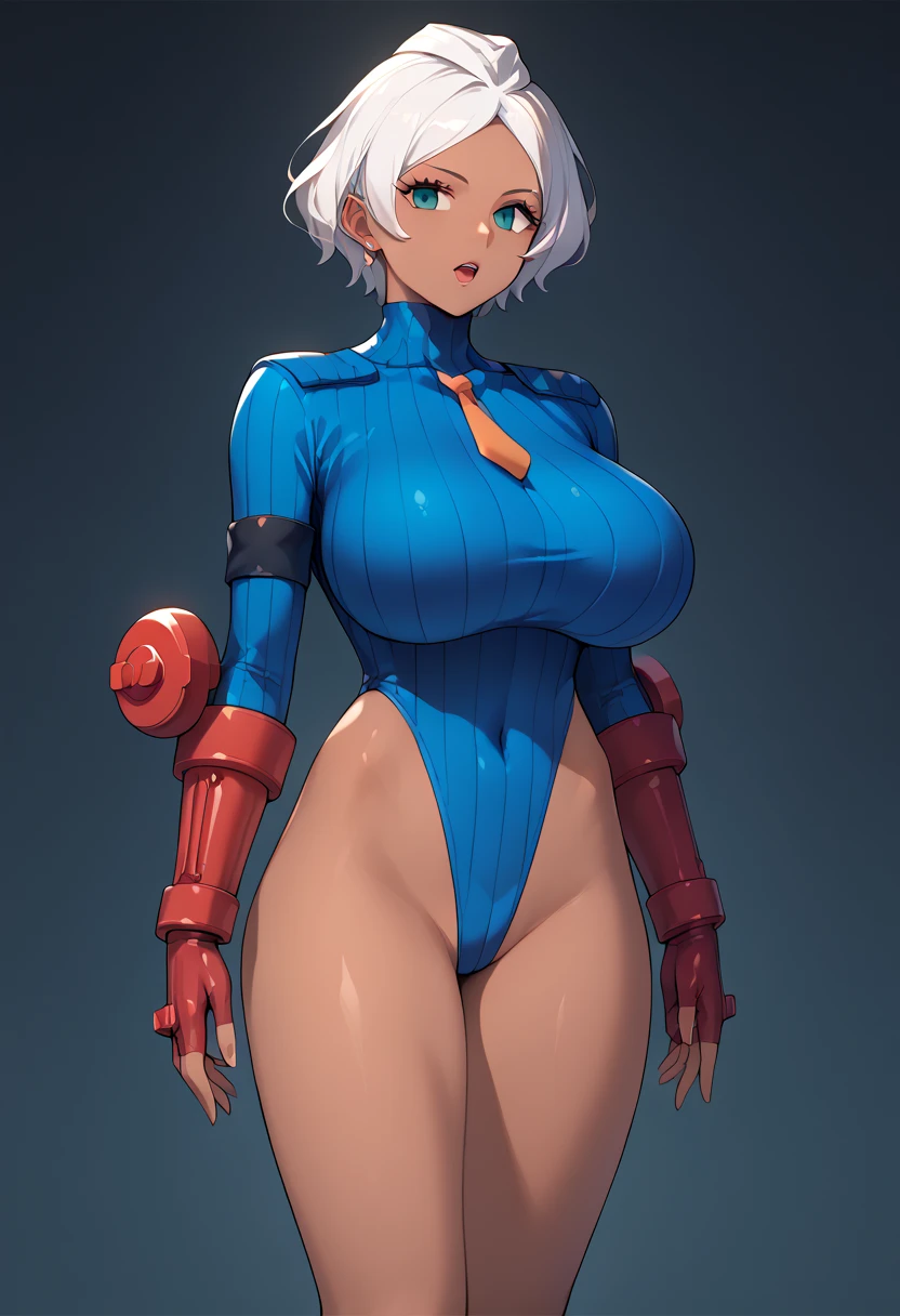 One-piece tights,blue jumpsuit,Standing on the ground,huge tit,Slim figure