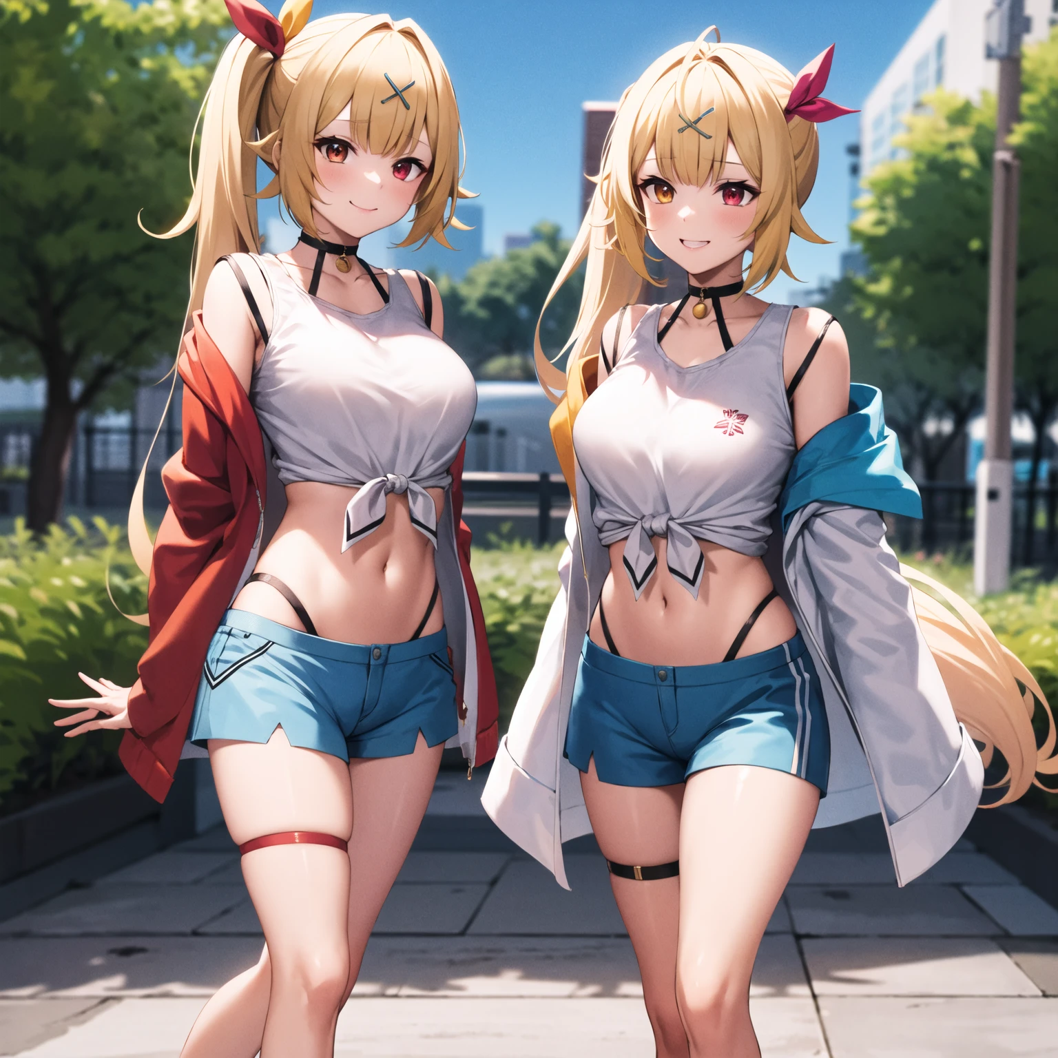 Masterpiece, Best Quality, illustration, city_street_landscape_background, 1girl, Mordred \(fate\), cowboy shot, collarbone, Detailed blond hair ponytail braid, green eyes, Red leather jacket, White short blouse, denim shorts,navel,thigh-high,grin, covered_pussy,skiny,looking_below