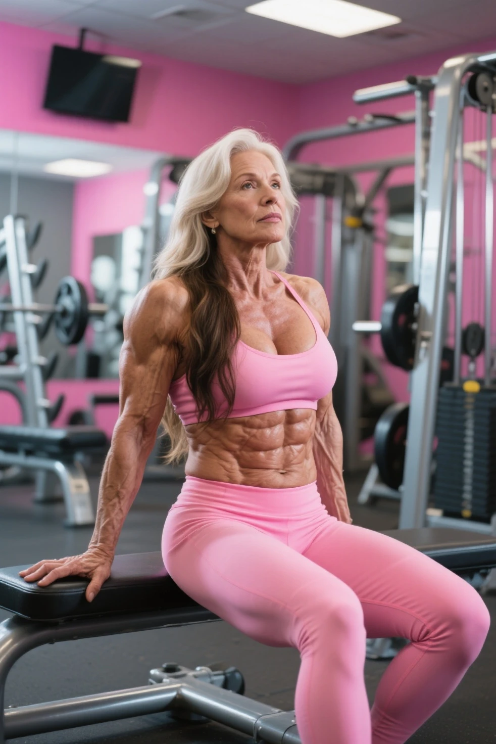retrato de uma mulher de 65 anos com cabelos grisalhos, olhar sedutor, olhos castanhos, algumas rugas no rosto, She is wearing very sexy gym pants that reveal a small saggy breast, 8k