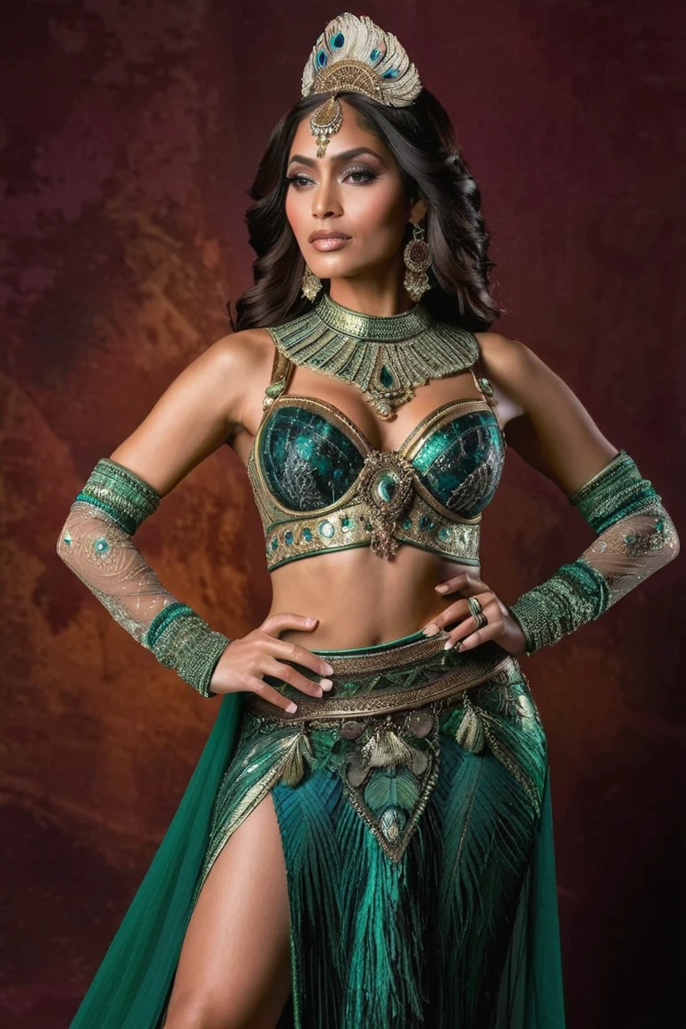 best quality, realistic, hand-held hologram of a beautiful older indian ifbb, four arms, multple arms, cybernetic cable hair, gold top, iridescent skirt, translucent skirt