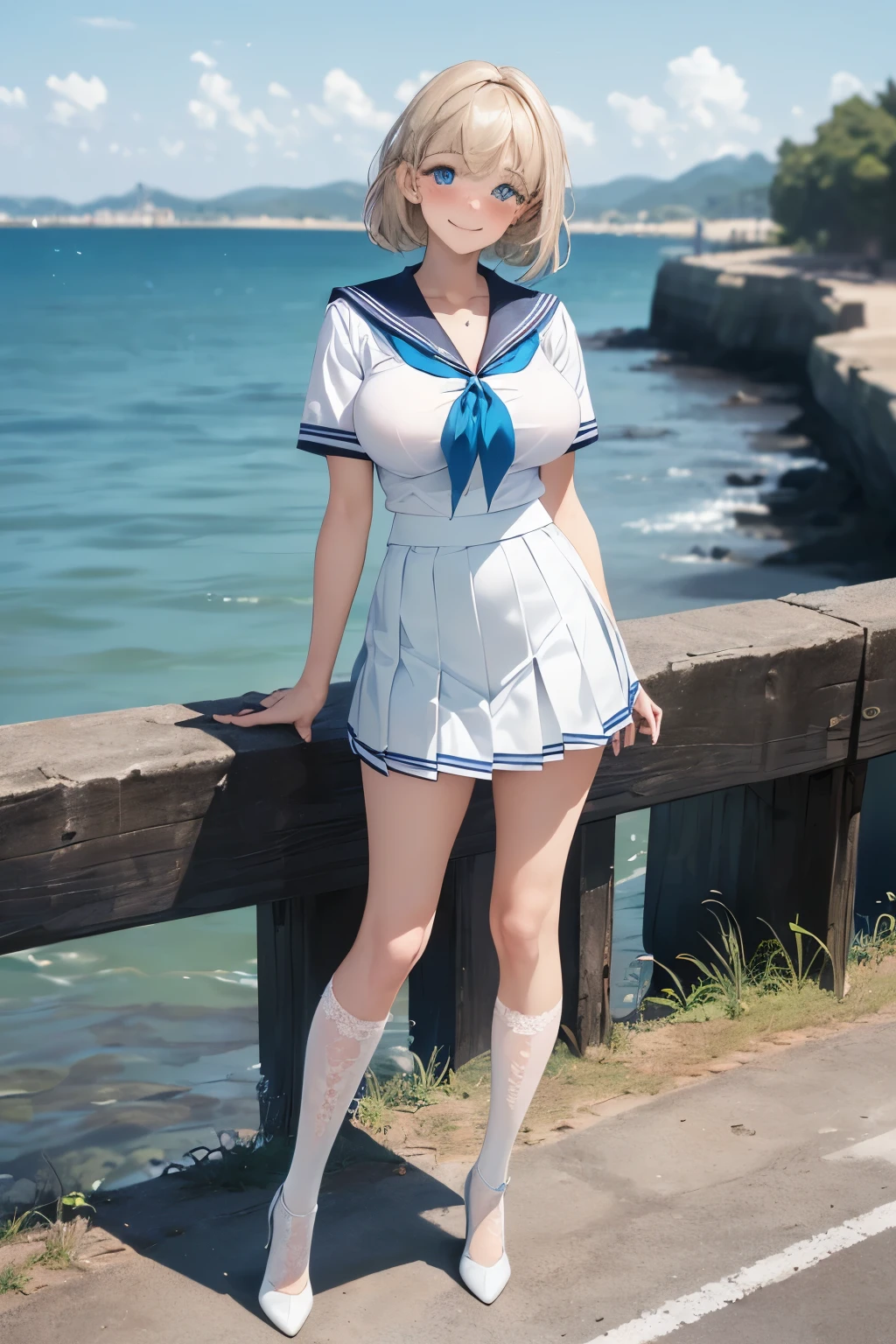 1 girl sailor suit beautiful woman high resolution High precision blonde whole body looking at the camera white people white skin detailed skin 14 years old blue eyes detailed face bob cut whole body Pose that emphasizes the chest Smiling Rimless Glasses