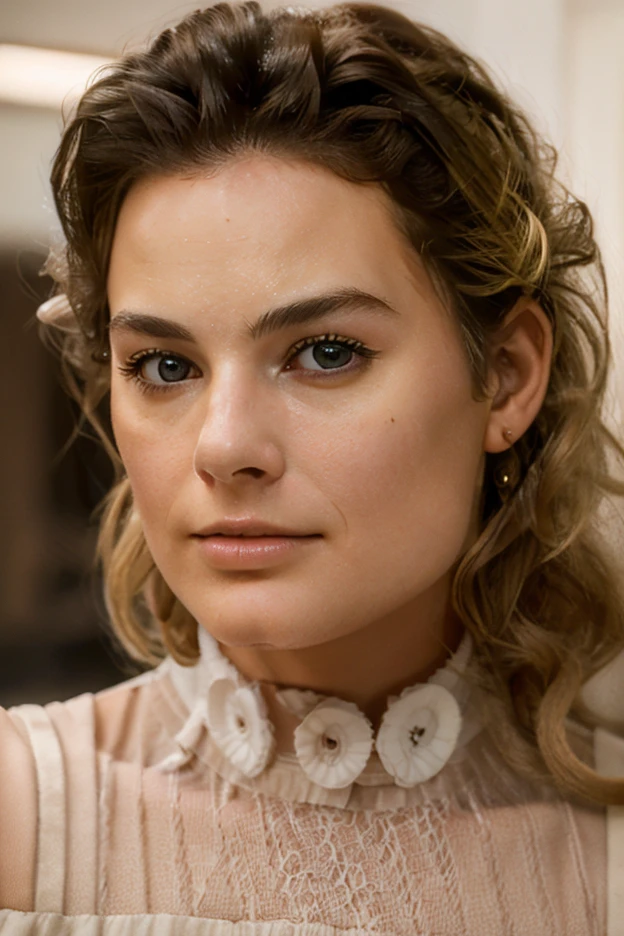 Portrait of a 48-year-old blonde French woman from 1940, Period dress, Genuine Leather, Sitting takes a selfie like a smartphone, (Living room with old furniture, Soft, moody light: 1.2)