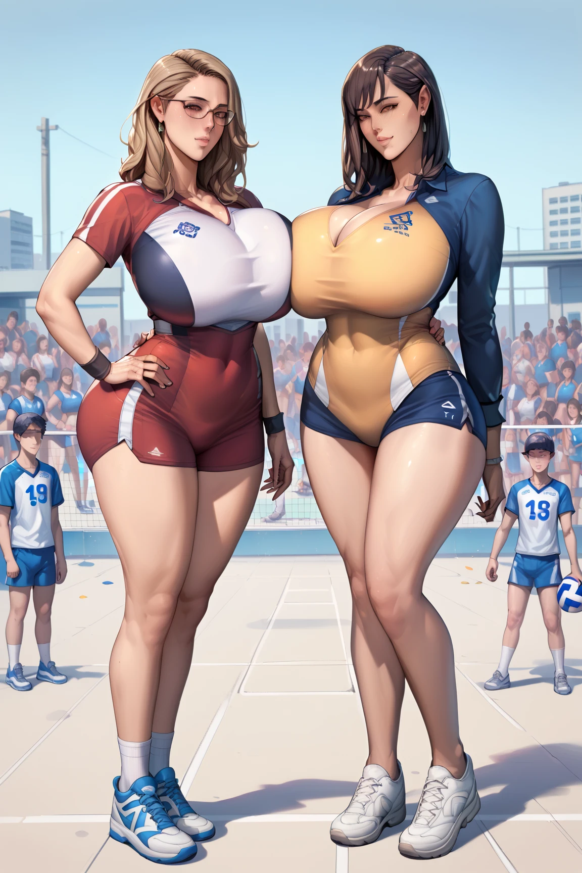 Three girls playing basketball, ,(Mesh strapless dress),Masterpiece:1.2, Best quality, Realistic, (Real picture, Intricate details, Depth of field), (1girll, Solo), make up, parted lip, highly detailed, Perfect face, (Huge breasts:1.8), (skin indentation), Thick thighs, Wide hips, Small waist, Tall, glossy coral lips, Black hair, Red eyes, pony tails, Three girls playing basketball, White basketball suit), (full of sweat:1.2), (Wet), Sexy, Blushing, (gigantic cleavage breasts:1.4),see-through shirts:1.2),(open shirts)gorgeous chinese models, Sexy girl, Beautiful Asian girl Masterpiece: 1.2, best quality), realistic, (real picture, rich details details, depth of fields), (1girl, solo), ssmile,exquisite facial features,s the perfect face,makeup, high detail, perfect face shape, (big breasts: 1.4), (skindentation ), thick thight, Wide hips, big breasts thin waist, Tall guy, coral, Redlip, red - eyed, horse tailed,((((Girl playing basketball, Transparent blue basketball suit)))), (sweat leggs: 1.2), (dampness), Raised sexy, Be red in the face,Sweaty,(Huge breasts:1.4),open chest,Deep V top,Multiple people are playing basketball --auto