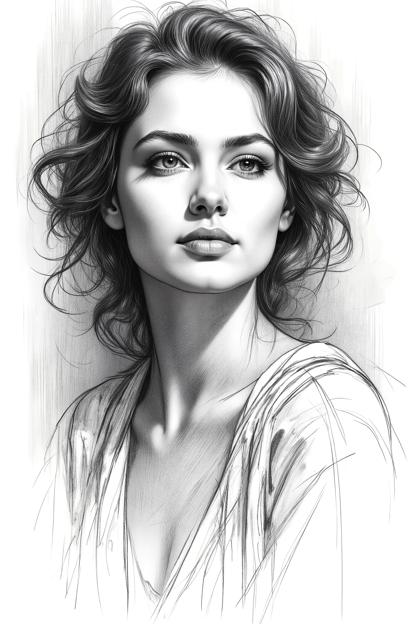  pencil drawing, Black and White, Touch of a pencil , soft-focus realism covered with graphite brushstrokes, gentle and confident expression, detailed Touch of a pencil , black and white sketch on white paper, with classical aesthetics、precise pencil portrait, Waste paper texture , very detailed. (top quality, 4K, 8k, Hi-Res, masterpiece:1.2), Super Detailed, (Realistic, photoRealistic, photo-Realistic:1.37), lithograph portrait, Short dark-haired woman depicted in a golden picture, in Charlie Bowwater style, monochrome sketch on white paper, Michael Garmash, comic art, Realisticカラーパレット, dark black and beige, dark blue and dark black