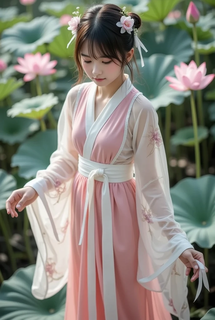 The young girl wears an elegant, traditional East Asian ensemble, features flowing robes in shades of pink and white, and the、.The elaborate design includes intricate floral patterns and、adding femininity and elegance to the、Her outer layer is lightweight, translucent fabric is adorned with pale pink floral motifs throughout、, drapes gracefully over the brighter pink garment she wears underneath. The wide sleeves of her outfit match the floral theme, are enhanced by delicate floral hair ornaments that enhance traditional aesthetics. wide white sash tightens her waist、, adds structure to her flowing silhouette. stands gracefully, ribbons and tassels add movement and depth to the overall composition. with soft hues and delicate designs、It gives vibe、standing on a lotus leaf、Around、Lotus flower blooms、Mysterious with haze、angle from above