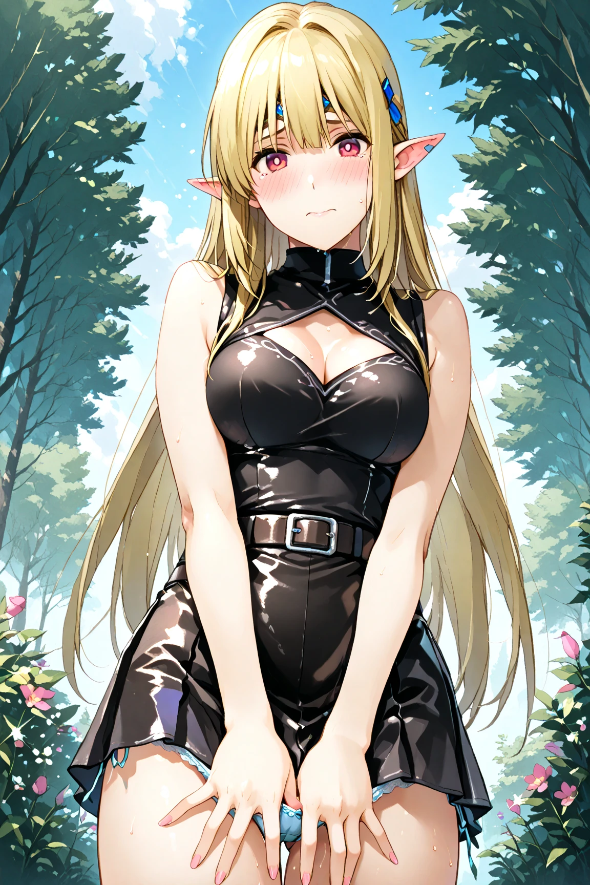 best quality, (masterpiece:1.2), detailed,
shera isekaimaou,
blush, closed mouth, questioning facial expression, looking at the viewer,
blonde hair, long hair, aqua eyes, pointy ears, large breasts, metal collar, metal wrist cuffs, chain from collar to ground,
kneeling, chained, behind bars, stone floor, stone wall, indoors, torchlight, dungeon, collar, chain, cuffs, metal collar, cuff2collar, chastity belt,