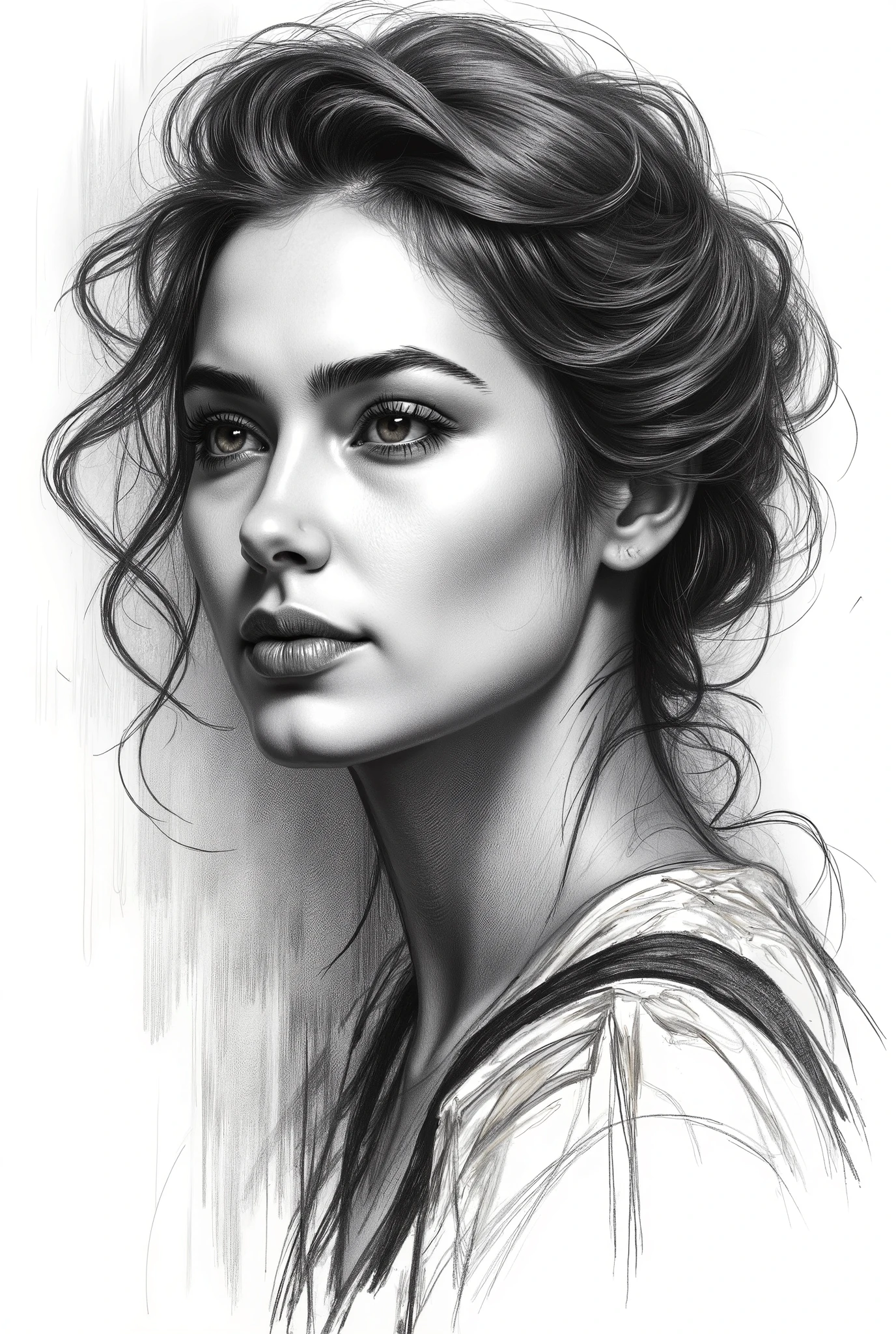 pencil drawing, Black and White, Touch of a pencil , soft-focus realism covered with graphite brushstrokes, gentle and confident expression, detailed Touch of a pencil , black and white sketch on white paper, with classical aesthetics、precise pencil portrait, Waste paper texture , very detailed. (top quality, 4K, 8k, Hi-Res, masterpiece:1.2), Super Detailed, (Realistic, photoRealistic, photo-Realistic:1.37), lithograph portrait, Short dark-haired woman depicted in a golden picture, in Charlie Bowwater style, monochrome sketch on white paper, Michael Garmash, comic art, Realisticカラーパレット, dark black and beige, dark blue and dark black