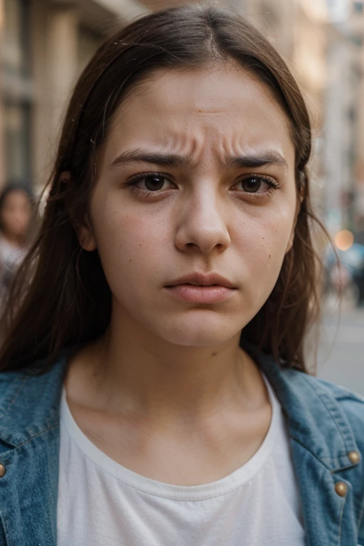 Wearing neat clothes, white shirt and black shorts, being in the mall, crying, glasses, good lighting, There is the word "Luna" on her shirt, dramatic 