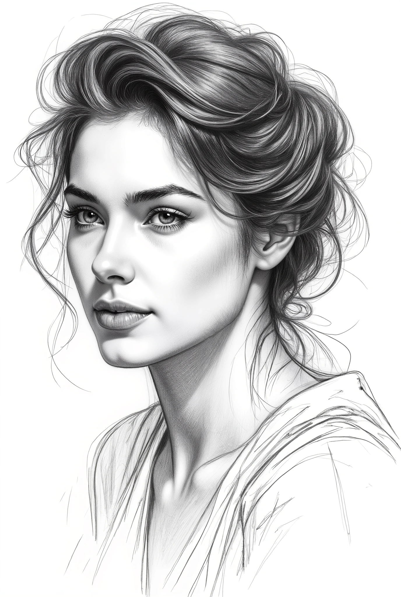 pencil drawing, Black and White, Touch of a pencil , soft-focus realism covered with graphite brushstrokes, gentle and confident expression, detailed Touch of a pencil , black and white sketch on white paper, with classical aesthetics、precise pencil portrait, Waste paper texture , very detailed. (top quality, 4K, 8k, Hi-Res, masterpiece:1.2), Super Detailed, (Realistic, photoRealistic, photo-Realistic:1.37), lithograph portrait, Short dark-haired woman depicted in a golden picture, in Charlie Bowwater style, monochrome sketch on white paper, Michael Garmash, comic art, Realisticカラーパレット, dark black and beige, dark blue and dark black