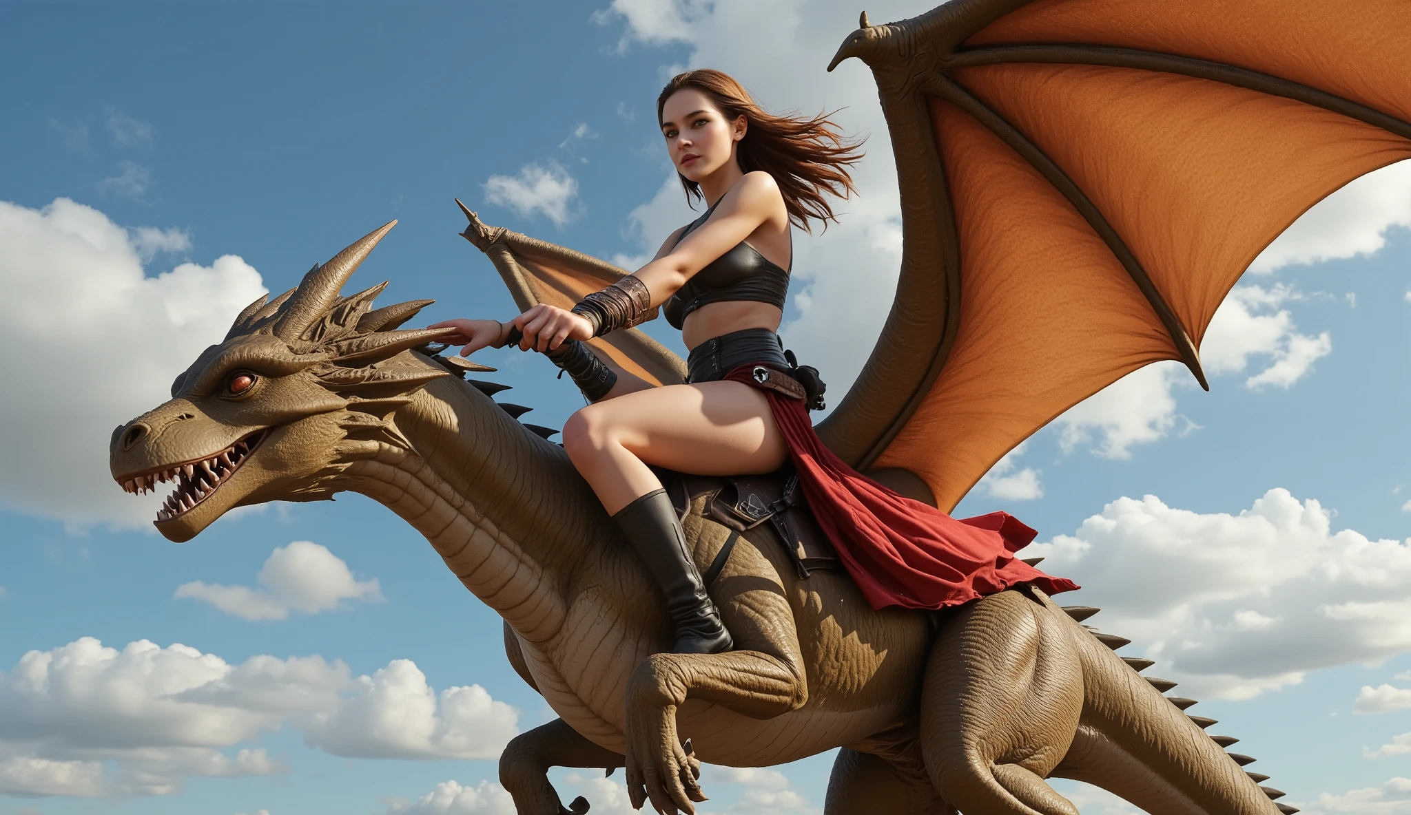 Creates the full photorealistic flat image, of a woman . She has an impressive figure, wearing a brace of tight dark brown leather that accentuates her slender waist. Her outfit consists of a red skirt with side openings that reveal her long and slender legs, wearing elegant black boots. His hair, in turmoil and in the wind, enhances her indomitable appearance, and her full lips radiate confidence. Ride on a young and powerful winged dragon. Your eyes radiate a magnetic confidence, and her bearing combines sharp wit, determination and a bold desire to push boundaries. work of art. Cinematographic, Hyperrealism, high detail costume, high-quality rendering and sharpness.
