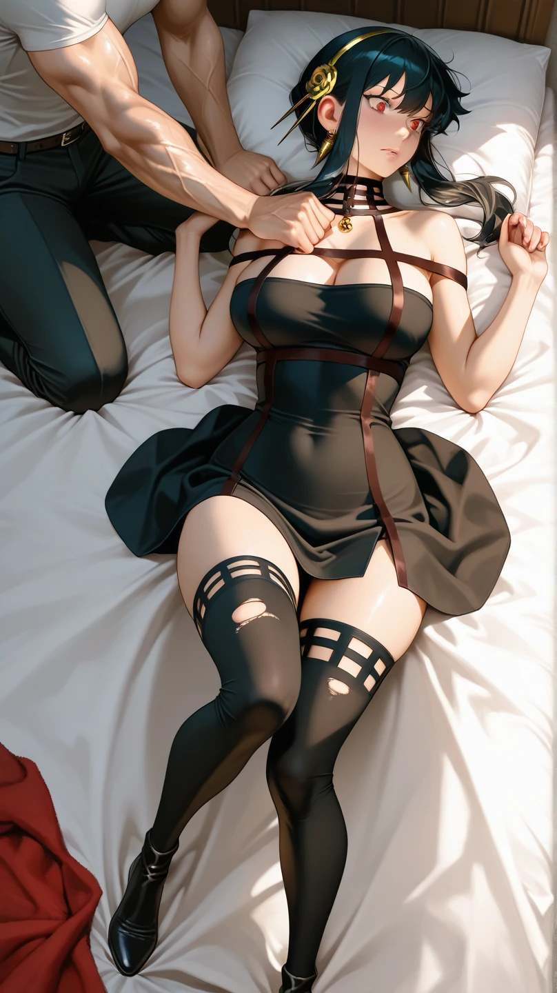 Shiny blond hair, loose hair, very long hair, sophisticated haircut, thin and oval face, very sexy and sophisticated transparent red dress, thighhigh stockings, embarrassed, submissive, nervous smile, cute and blushing 18 years old anime girl, look away because she is embarrassed and blushes, bright blue eyes, detailed face, detailed members, detailed arms, detailed hands, ((((sparkling diamond jewelry)))), tiara, ((makeup)), high heels, puffy sleeves, long gloves, long eyelashes, ((((shiny blue transparent dress)))), Girl lying, tied by ropes, shackled, can no longer move, tied tightly, very hard tied up with lots of ropes, hampered by so many ropes that she can no longer move, bound hands and feet, ropes tie his whole body, tied extremely tightly and forcefully to her bed by a lot of ropes, its limbs are strongly tied together by ropes, his torso is tied up with thick cords, her chest is so tied up with ropes that it sticks out, her legs are tied tightly with thick ropes, his hands are tied behind his back with ropes, she can no longer move her feet, her hands which are tied by thick ropes, she desperately tries to free herself, likes to be tied tight with big ropes, likes to be immobilized by big ropes, lying down, his hands and feet are strongly tied to the railing of his bed, his legs are pressed together and tied with ropes, its limbs are held vigorously by imposing ropes, her hands are tied securely behind her back by ropes, her chest is compressed by strong ropes, she is pressed against her bed and restrained by large ropes (shibari, arms behind the back:1.4), (hands on the back), (masterpiece, best quality) 1.5, 1girl, solo, (sexy, beautiful woman, perfect face, perfect eyes, perfect hands), samus aran, black leather dress, kneeling, (shibari, arms behind the back:1.4), (hands on the back), Spread the legs, s&#39;lie in bed by big ropes