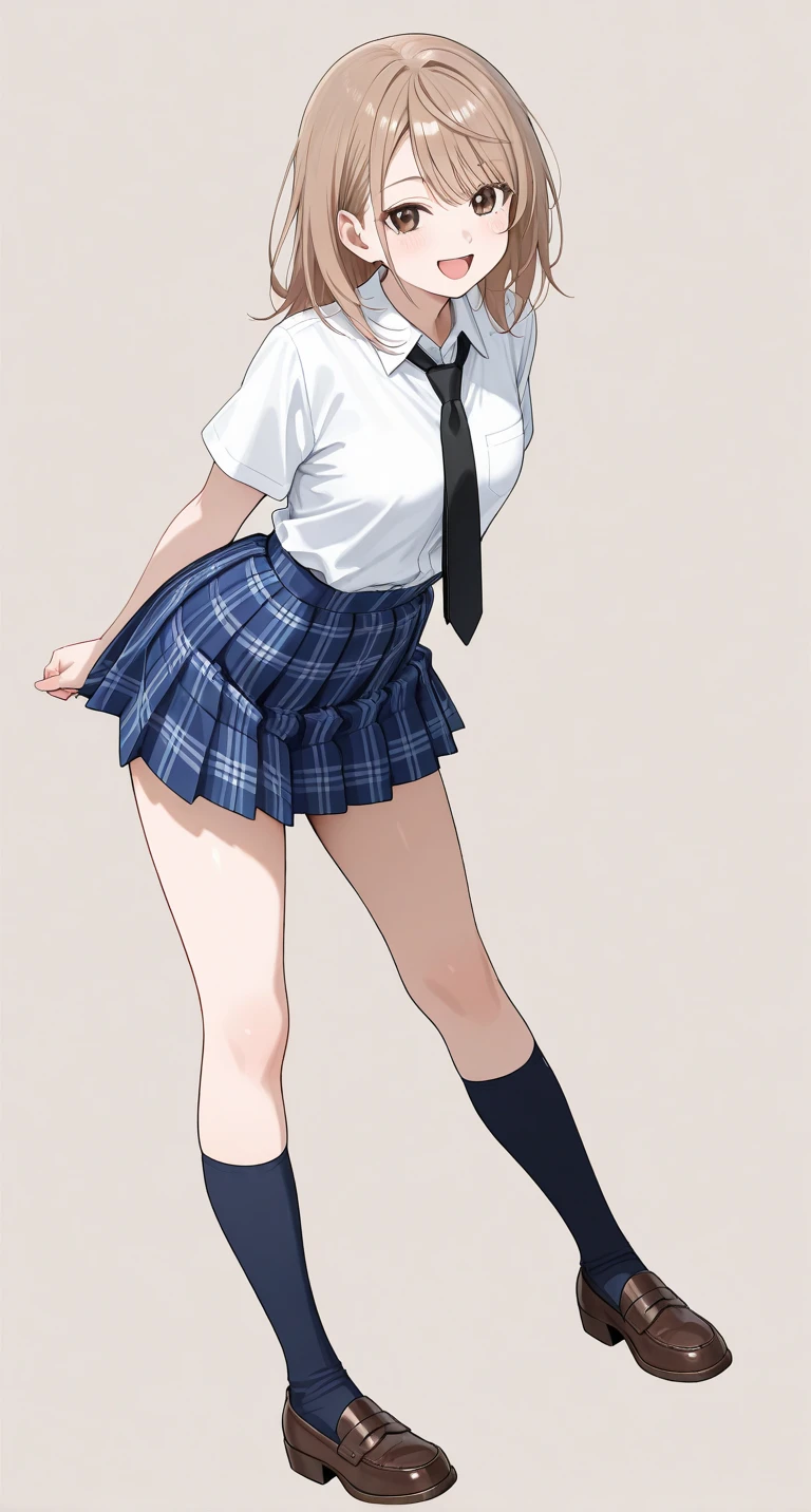best quality, ultra high res, 4k, 1girl, (((whole body))), facing front, Fair skin, blunt bangs, short bob hair, jitome, ((blonde hair)), ((small breasts)), slender body, white brouse, long sleeve, dark blue mini skirt, black knee high socks, loafers, (school costume), smile, tooth, black panty, grabs smartphone on right hands, monochromatic dark blue tie, (thin eyebrows), looking down, black cardigan