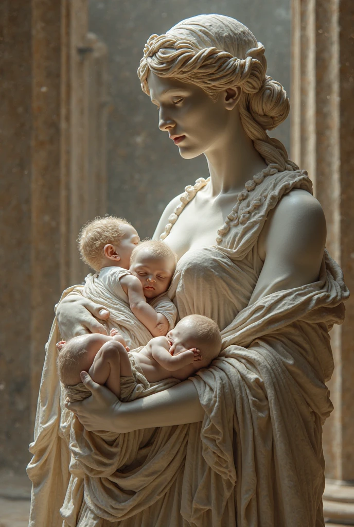 make me a picture of an ancient greek statue with the theme of a mother holding her baby and with the look of a broken waiah, combine white and black as a background