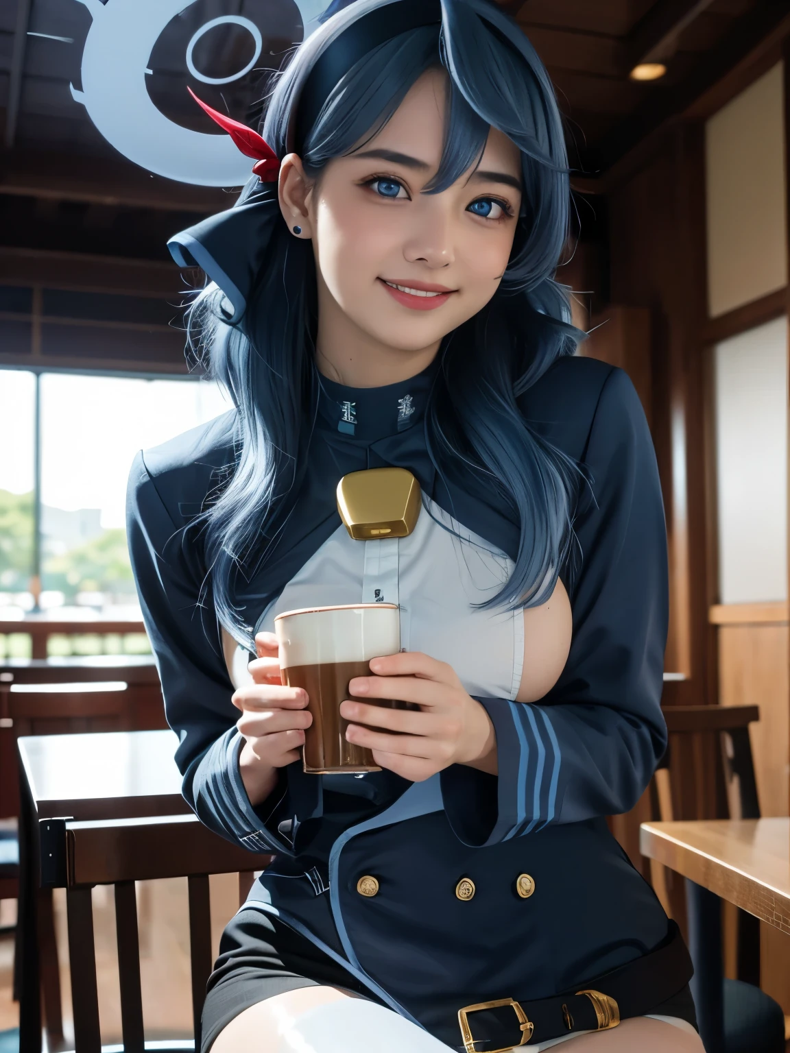 1girl, solo, cute japanese girl, idol, high school girl, (smile:1.2),
BREAK
(close up), sitting relaxed on chair, in a cafe, holding a cup with one hand,
BREAK
(huge breasts:1.75, sagging breasts(, nipples under clothes,
BREAK
(film grain:1.5), 8K raw photo, Best quality, masterpiece, ultra high res, (photorealistic:1.4), professional lighting, (16k, RAW photo, best quality, masterpiece:1.2), (realistic, photo-realistic:1.4), (extremely detailed 16k wallpaper), sharp focus, depth of field, blur background, bokeh, cinematic lighting, soft light,
BREAK
ako, blue eyes, (blue hair:1.2), long hair, hairband,
BREAK
(halo), bell, neck bell, , sideboob, long sleeves, ribbon, thighhighs, earrings, jewelry, skirt,