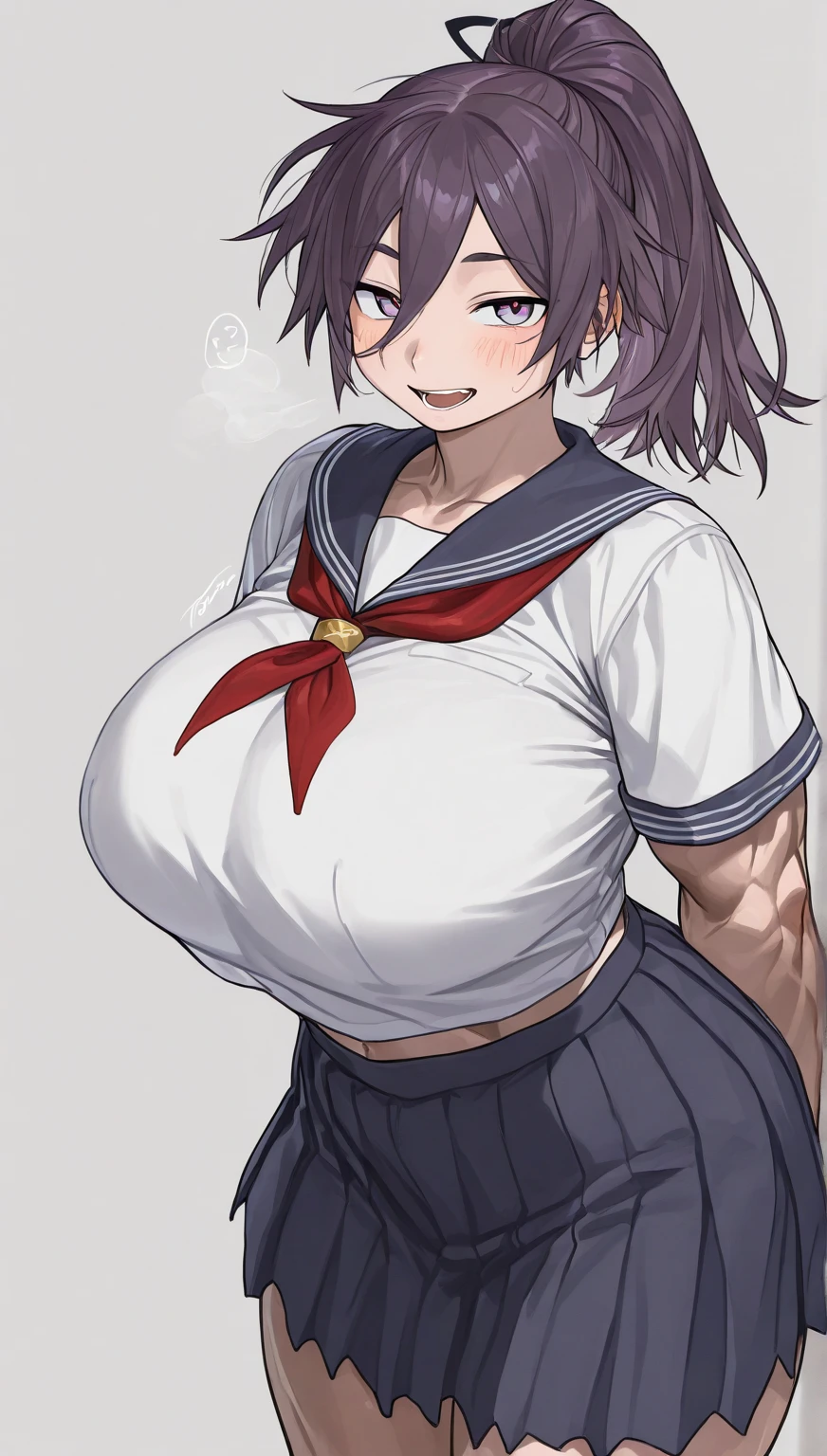 Character portrait、smile、Ultra-detailed illustrations、Ultra-precise expression、masterpiece、Highest quality、ultra High resolution、High resolution、Hiromitsu Takeda Style、White background、Simple Background、Young、One girl、10th Generation、solo、Black Hair、Drooping eyes、Short Hair、Grey Eyes、Big Breasts、Sweat、Sailor suit、skirt、black thighhighs、