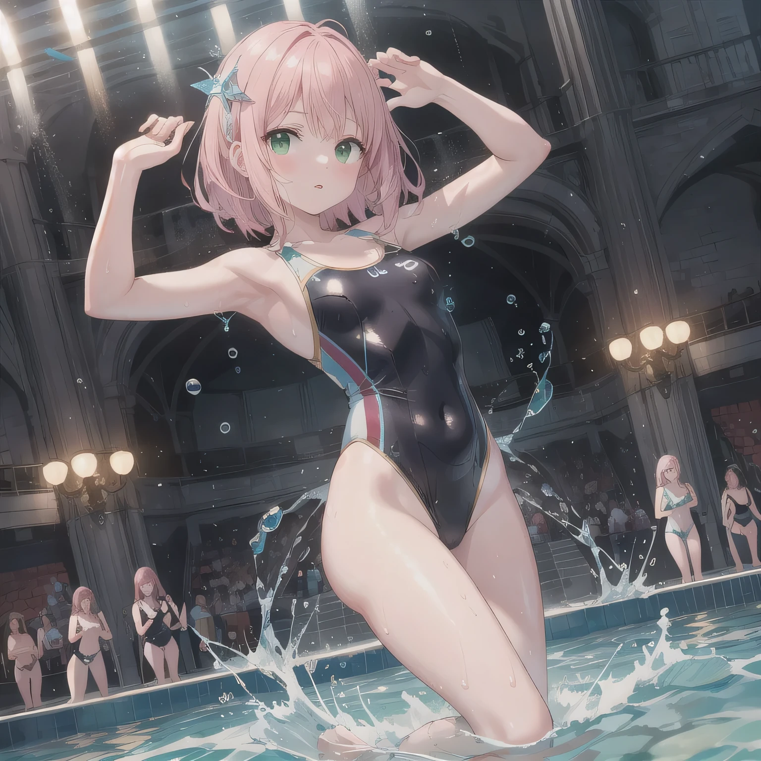 Swimming Lessons,PH Momo, momohd, phmomo, Solo, 1girl in, Pink hair, Purple eyes, Short hair, Hair Flower, Wear a student swimsuit, Big eyes, embarrassed,