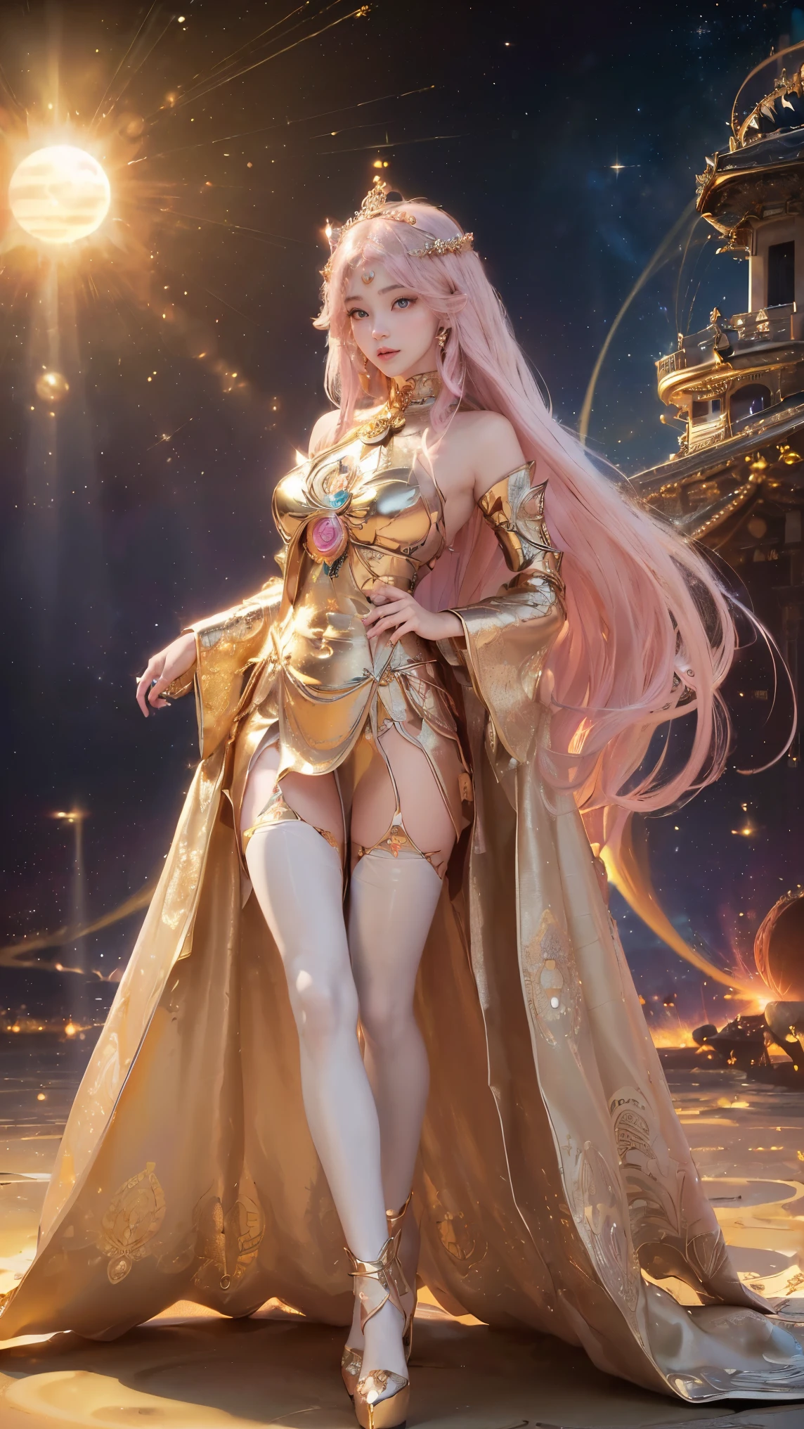 PerfectNwsjMajic,(​masterpiece、top-quality、top-quality、Official art、Beautifully Aesthetic:1.2)、(1girl in)、ighly detailed、colourfull、highestdetailed、Official art、Unity 8k壁纸、ultra-detailliert、Beautifully Aesthetic、Beautiful fece、​masterpiece、top-quality、(Zentangle、a Mandala、Tangles、Entanglement)、Holy Light、gold foil、Gold leaf art、glitter drawing、pure、There are also resilient messages, Overcoming and hope. Breasts are small and B size、Eyes are double, Beautifully detailed、Hair that flutters in the wind、Pink gradient hair color on golden hair、Light pink haori、Golden high heels