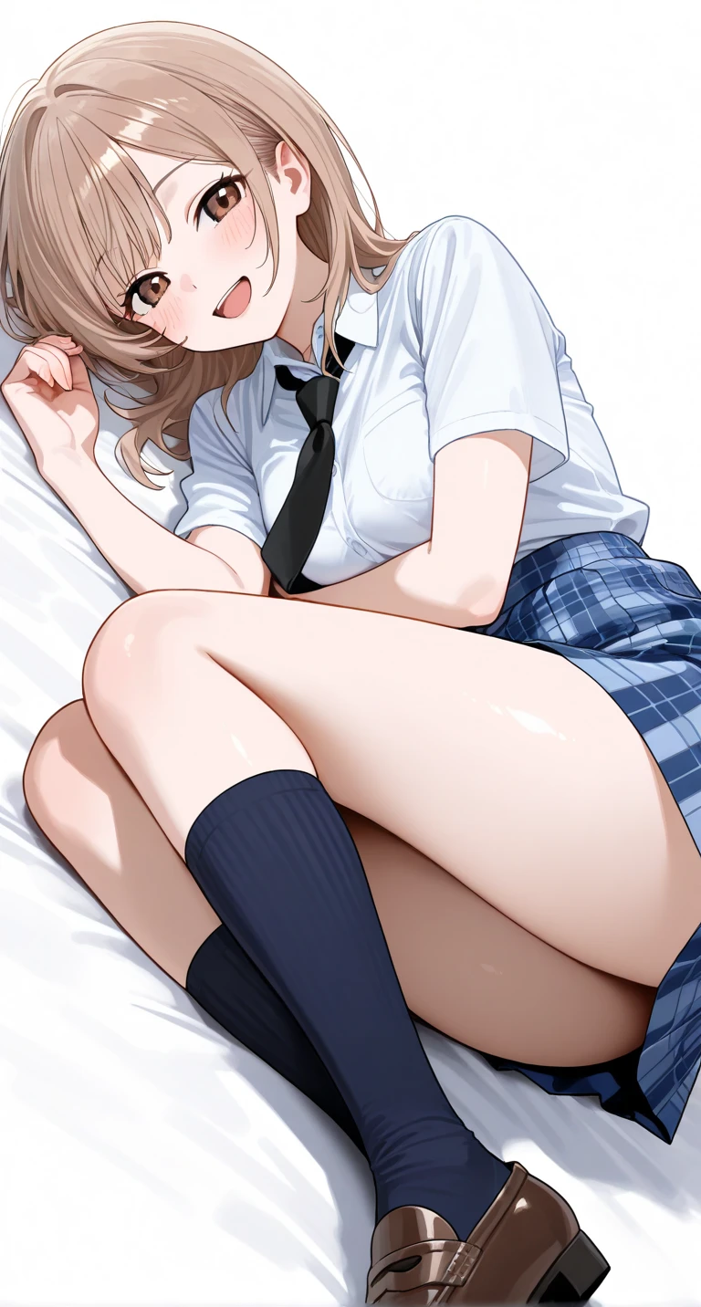 Highest quality, Super Resolution, 8K, (Delicate expression), Pretty Girl JC, too young girl, Chibichara, Cute face, Shiny brown hair in a ponytail, Perfect human body, She is half-naked, (Small breasts), Small breasts, The nipples and areola are pale pink, Embarrassing, Looking up, Showing off her pussy and asshole, I want you to lick my pussy, I want you to touch my pussy, Excited and wet pussy, Spread your legs wide, Most of the school uniforms are taken off, A lewd act only shown to you, Immoral poses, Immoral Eros, Bedroom, Makes men crazy, Immature female body, Dynamic Angle,