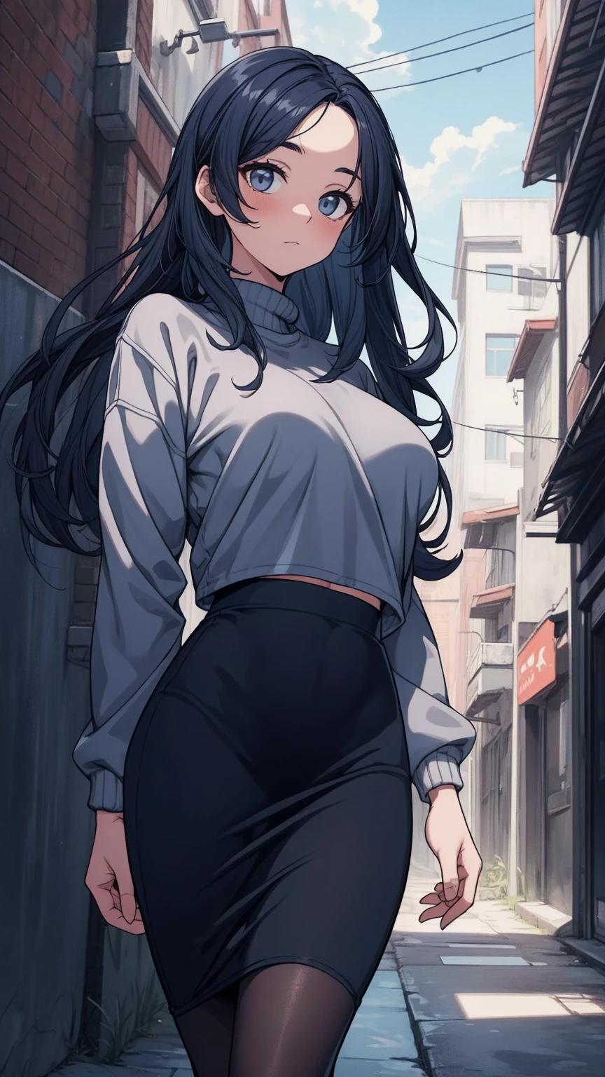 girl ((((muscular 1girl)))) ((((thick thighs toned body)))) (pale skin) black hair yellow eyes very long hair long sleeve tight t-shirt tight pants (straight hair)