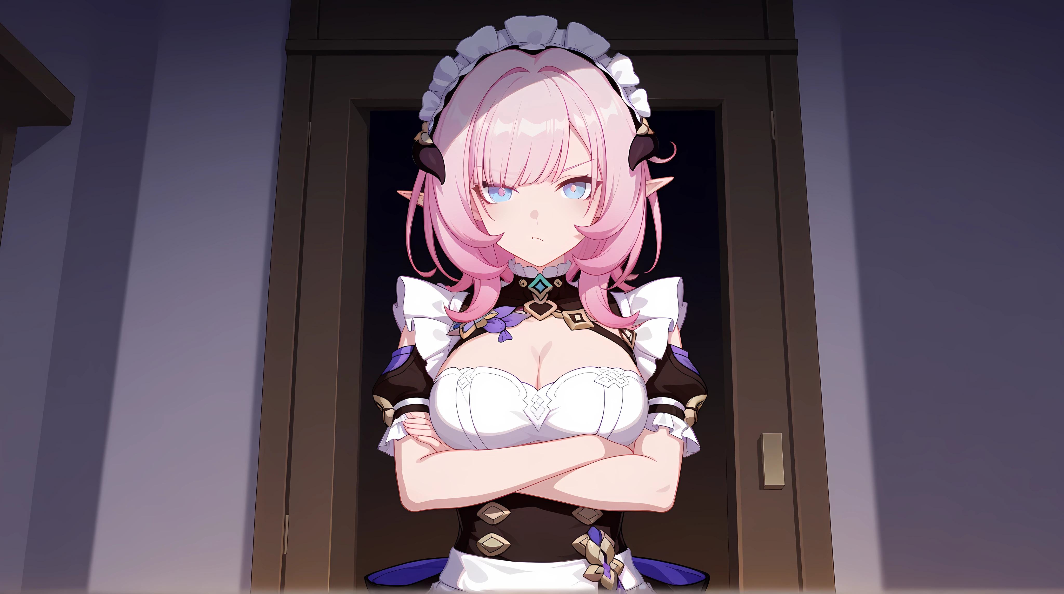 1 girl,rose,Upper body,pink long hair,high twin tail,((White Maid Costume)),blue eyes,Blunt bang,((whole body)),whole body,