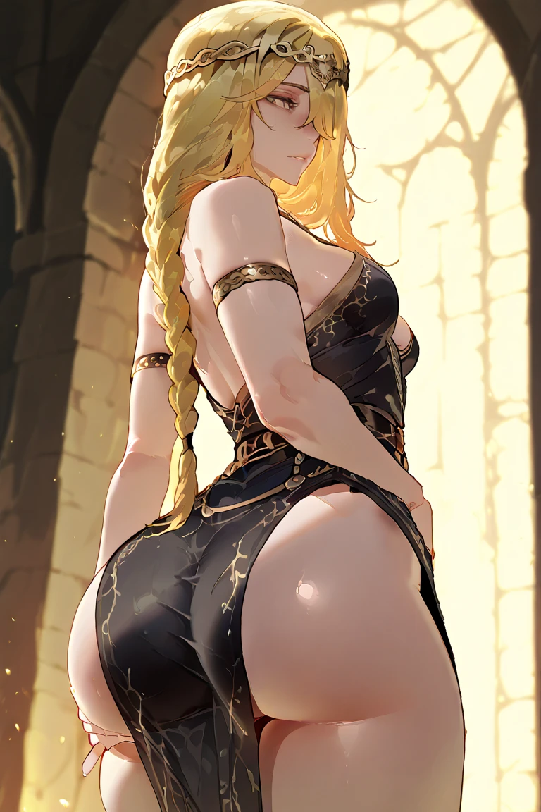 Super detailed、Highest quality、Best image quality、masterpiece、、smile、Blonde curly hair、(SFW Huge Body)、(((Rear View)))、Cowboy Shot、Wear laces,Cotton Lingerie,Thai Tigery,(Huge Ass:1.3)