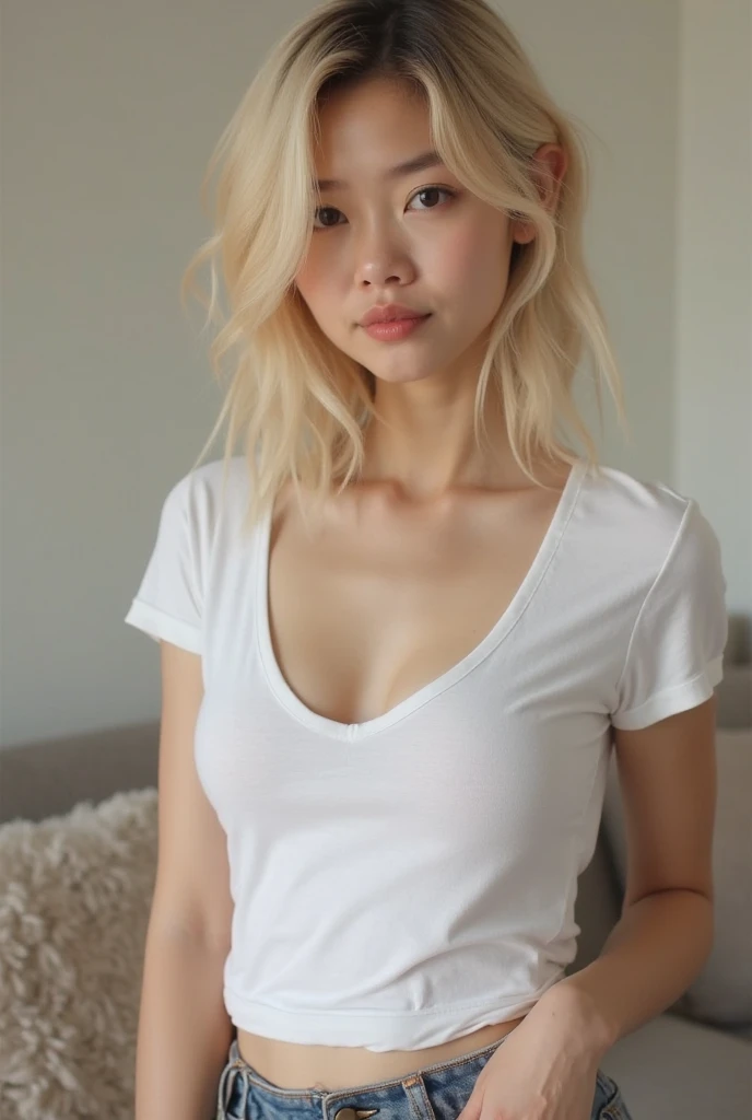 1girl, idol, close-up,photo, film, depth of field, model, looking at viewer,realistic,(((NSFW))),1 girl,(((long sleeves))),flat chest,small breasts,full body,blonde hair,cute,slender,thin body,pants,(((visible lower abdomens))),(((visible mons pubic))),visible crack,(((super low rise pants))),(((no panties))),(((poorboob))),(((manaita))),little chest,(((show off pussy))),(((crack))),(((female celft))),smile,(((small girl))),(((exposed lower abdomens))),(((show off lower abdomens))),exposed pelvis,long T shirt,coverd chest,