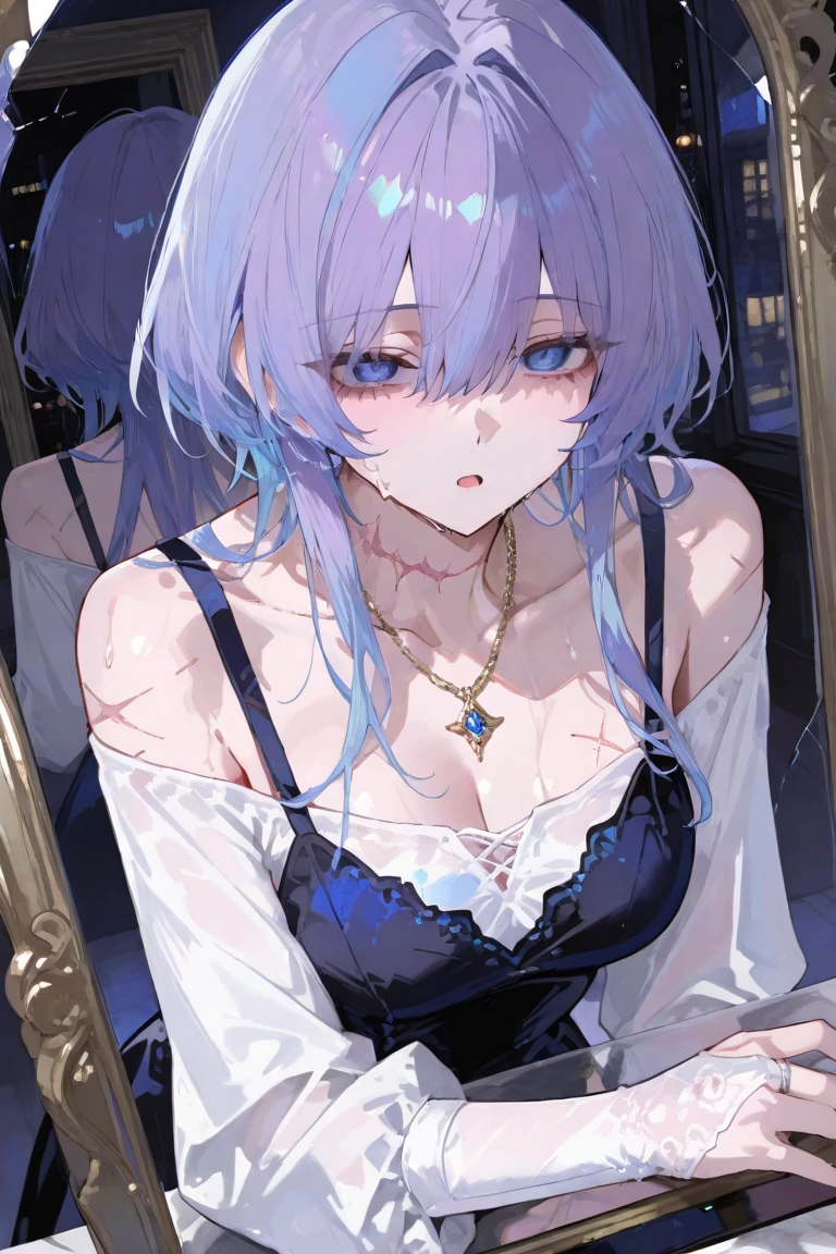 blue hair, ahoge, side braid, hair over one eye, diagonal bangs, ribbon, hair ribbon, evil eyes, heterochromia, heart-shaped pupils, heart in eye, torogao, light blush, high detail, glowing light, ray tracing, high details, super detail, high quality, highres, 1080P, UHD,Water , moonlight,An elegant white mini skirt with subtle lace stitching at the collar and cuffs, showcasing exquisite details