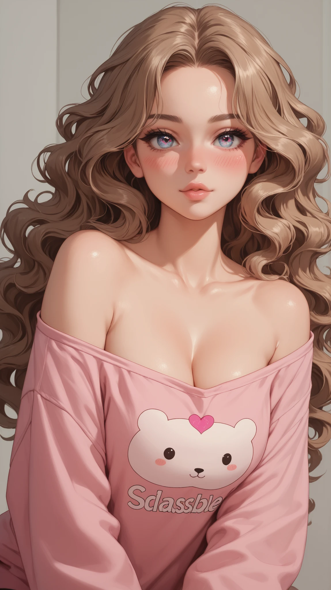 Sexy woman, long black wavy hair, big forehead, beautiful seductive eyes, medium nose, big kissable lips, deep pink blush, blushing deeply, fair glowing skin, pink oversized off shoulder t shirt, bare shoulders, medium chest, cleavage