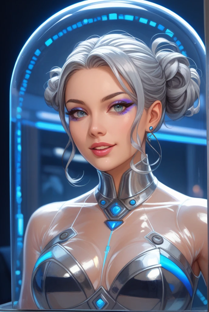 Complex 3D rendering of ultra-detailed beautiful porcelain contoured female face, , Integrated Circuit Parts, 150 mm, Beautiful studio soft lighting, Rim Light, Vivid details, Luxury Cyberpunk, Lace, hypeRPractical, anatomy,((Full and soft breasts,)))(((Large Breasts))) (((Cleavage))) Facial muscles, Cables and wires, Microchip, elegant, Beautiful background, Octane RendeRing, H. R. Giger Style, 8K, best quality, masterpiece, illustration, Extremely refined, Very detailed ,CG ,Unity ,wallpaper, (Practical, photo-Practical:1.37),amazing, Fine details, masterpiece,best quality,Official Art, Very detailed CG Unity 8K wallpaper, absurd, incRedibly absurd, , Silver beads, sit,Bangs, 