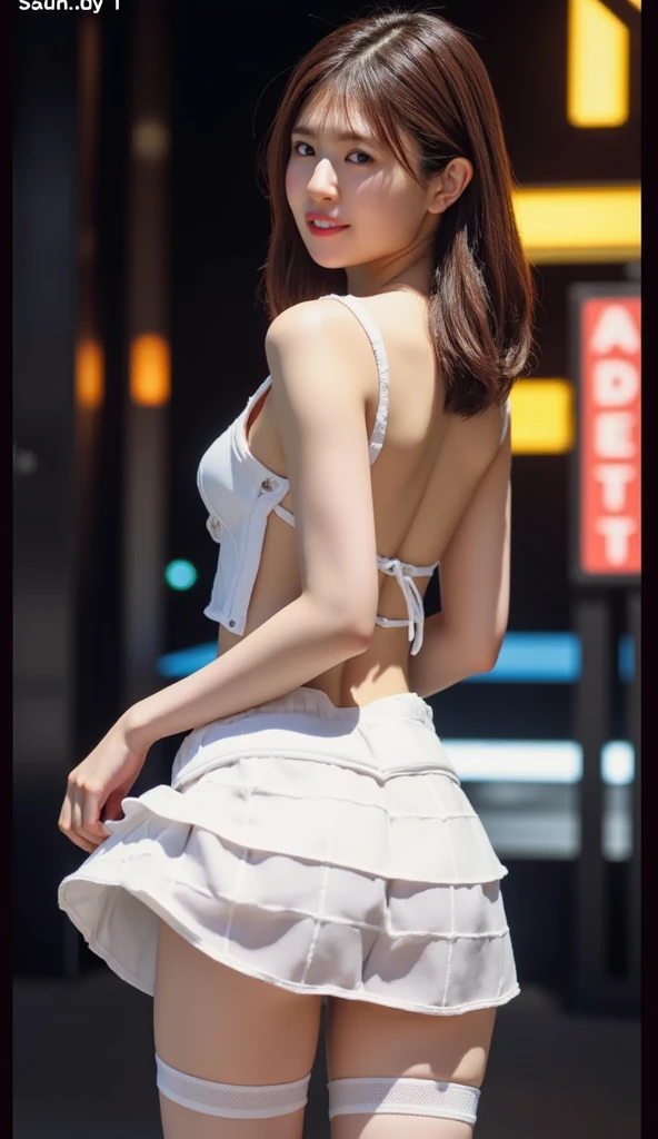 woman, 20-year-old, short black wavy hair、bangs、Cat ear、plump nipples、(White Bikini)、(blue long skirt), black stocking dium milk, cute smile、((Pose that emphasizes the buttocks、looked back))、sexy hips、black high heels、big necklace、((((the wind blew my skirt, expose my panties...))))、(Light blue lace panties)、cute earrings、(tilt your head a little)