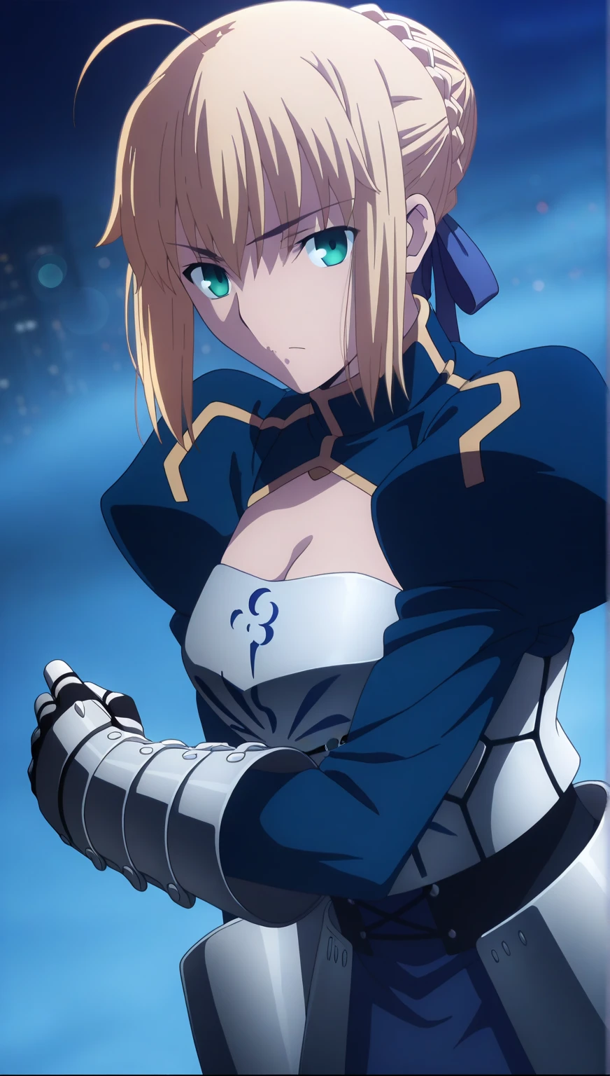 masterpiece、highest quality、High resolution、ph saver、ph Artoria、Anime Women、solo、Blue leotard、armor、Big Breasts、A woman with very large breasts、 armored leotard、Shine、Gauntlet、breastplate、leotard sleeve withan puffy sleeve、leotard bottom with an high leg、Hair Bun、Blonde、Green Eyes、braided ponytail、bangs、blue bow in hair、Upper Body、
