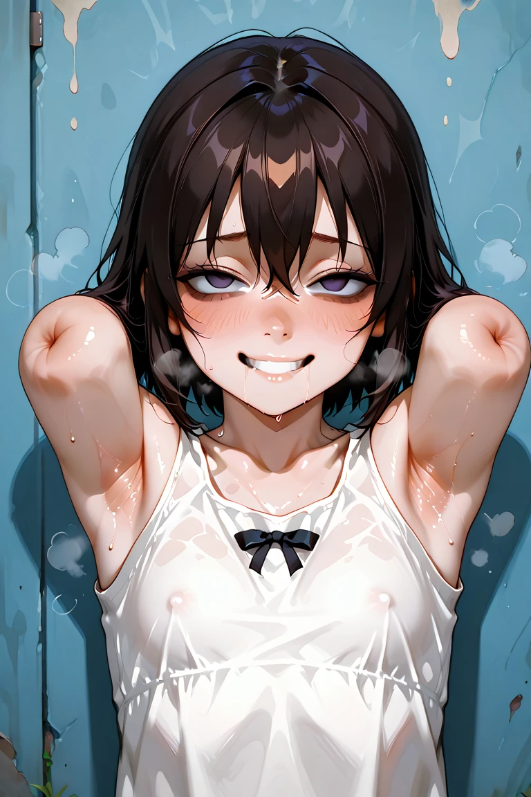 looking ahead,from above,slouch,handjob,side view,face focus,open mouth,tongue out,cum on tongue,Licking the penis,(1girl,Beautiful 14 year old girl),((Slender,Small breasts,Baby Face,Small face,)),looking at viewer,Black Hair,bangs,two side up,Gray Eyes,Drooping eyes,slit pupils,narrow eyes,ollarbone,white t-shirt,off-shoulder look,Black short skirt,Beautiful and detailed anime art,Mischievous smile,Dimly lit room,Simple Background,Gray background,Low lighting