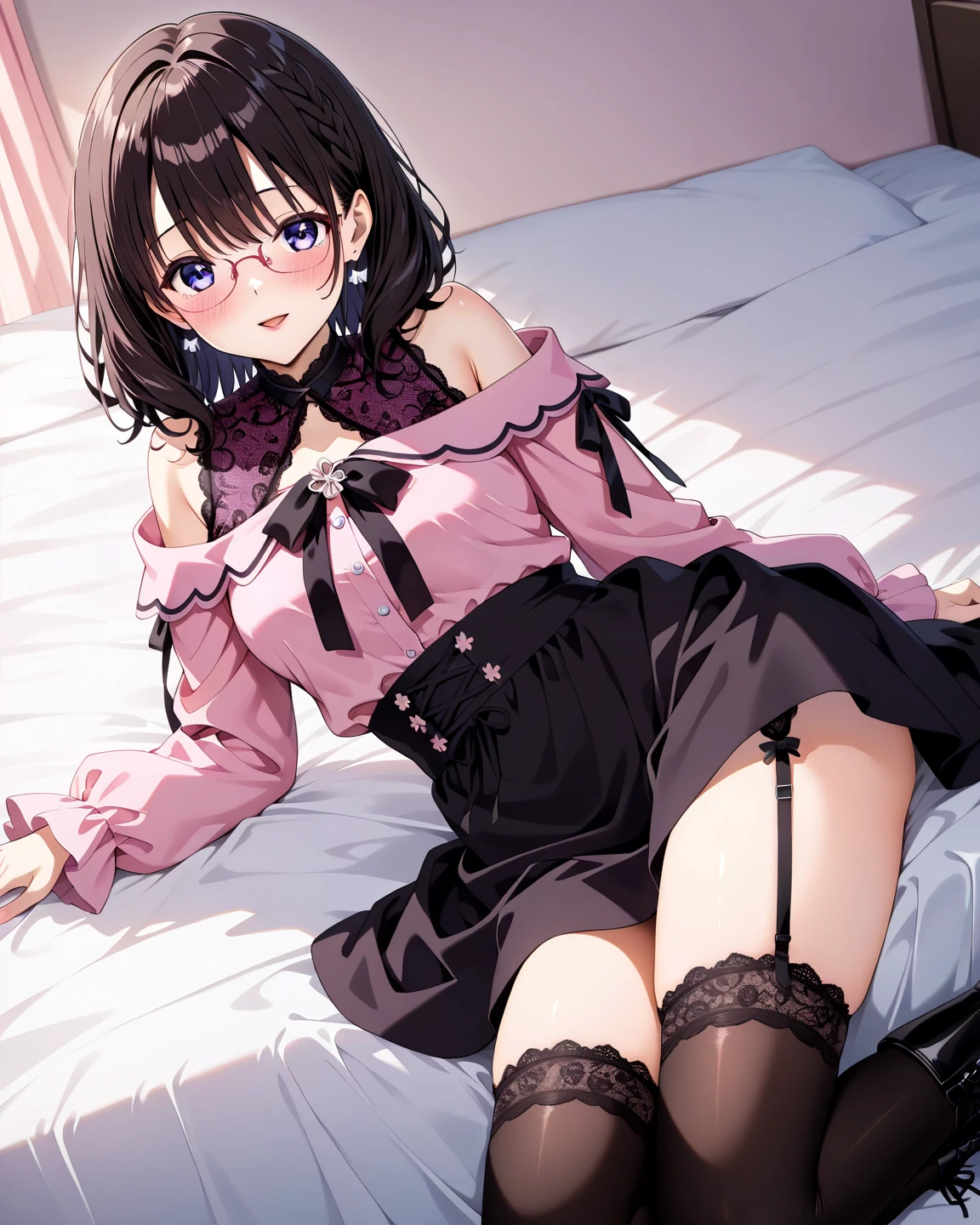 highly detailed skin, highly detailed face, (beautiful detailed teary eyes, the girl smiles, red cheeks), (a girl is sleeping on the bed), The girl is a cute 18 year old maid, spread your legs:1.5, ((no , Cute, thin pubic hair)), (Not wearing a bra, tits, cnipples), (lace tights)), heeled shoes with ribbon, pink maid outfit with short skirt, Cat-eared headband, dark brown hair, corset, earrings, On the royal bed, sweaty skin, ((Photographed from above to include the girl's whole body)),