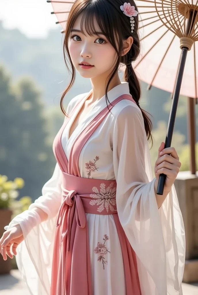 The young girl wears an elegant, traditional East Asian ensemble, features flowing robes in shades of pink and white, and the、.The elaborate design includes intricate floral patterns and、adding femininity and elegance to the、Her outer layer is lightweight, translucent fabric is adorned with pale pink floral motifs throughout、, drapes gracefully over the brighter pink garment she wears underneath. The wide sleeves of her outfit match the floral theme, are enhanced by delicate floral hair ornaments that enhance traditional aesthetics. wide white sash tightens her waist、, adds structure to her flowing silhouette. stands gracefully, ribbons and tassels add movement and depth to the overall composition. with soft hues and delicate designs、It gives vibe、flying through the sky with an old Japanese umbrella、Mother nature spreads out underneath her、Mysterious with haze、