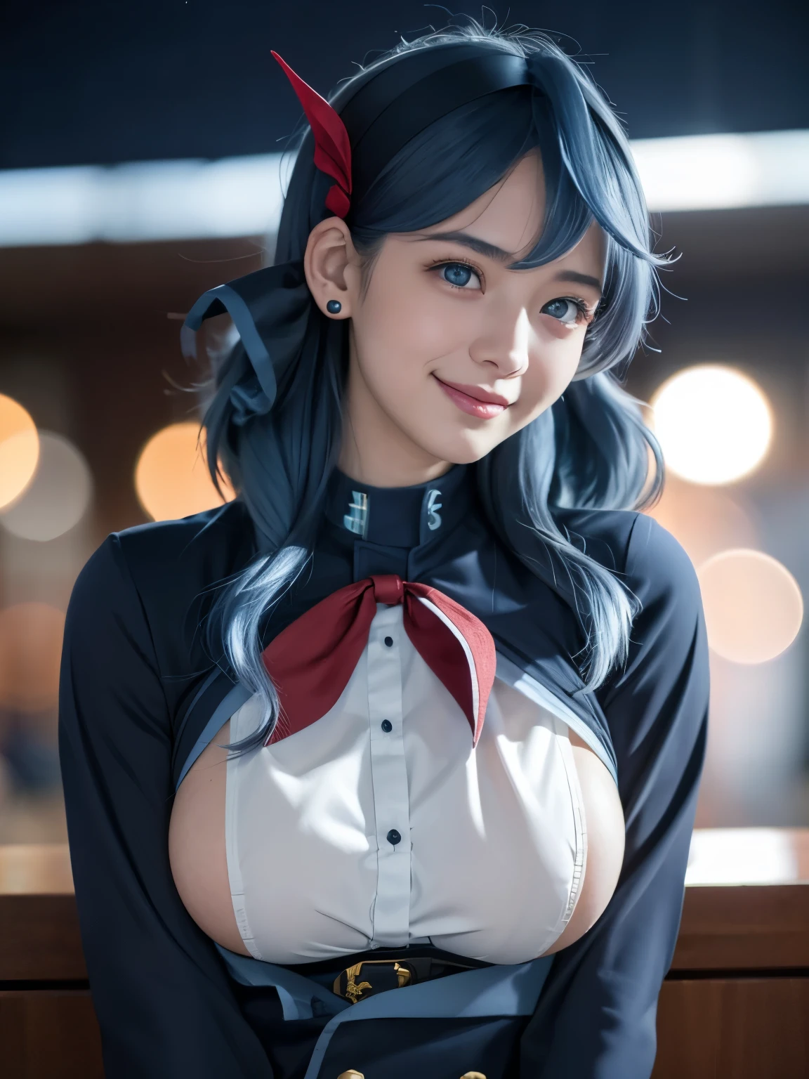 1girl, solo, cute japanese girl, idol, high school girl, (smile:1.2),
BREAK
upper body, stylish pose, active pose, dynamic angle.
BREAK
(huge breasts:1.75, sagging breasts(, nipples under clothes,
BREAK
(film grain:1.5), 8K raw photo, Best quality, masterpiece, ultra high res, (photorealistic:1.4), professional lighting, (16k, RAW photo, best quality, masterpiece:1.2), (realistic, photo-realistic:1.4), (extremely detailed 16k wallpaper), sharp focus, depth of field, blur background, bokeh, cinematic lighting, soft light,
BREAK
ako, blue eyes, (blue hair:1.2), long hair, hairband,
BREAK
bell, neck bell, , sideboob, long sleeves, ribbon, thighhighs, earrings, jewelry, skirt,