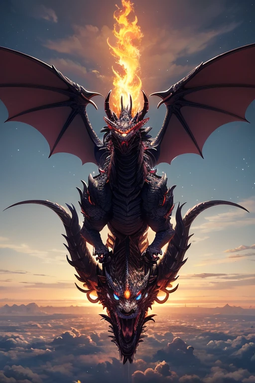 a dark dragon. on top of Mount Fuji. spitting fire towards the sun.