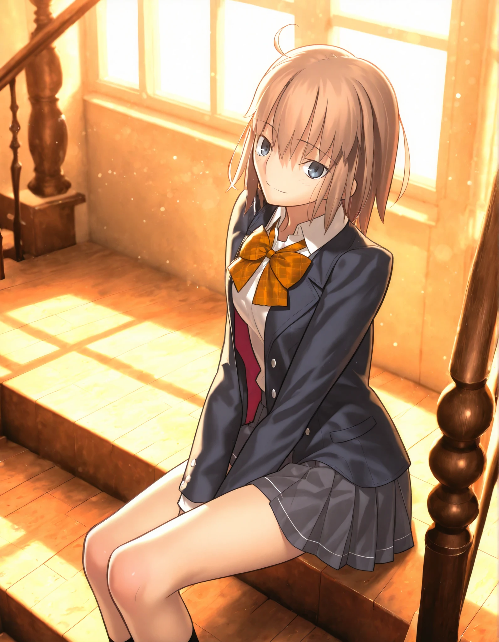 masterpiece, , absurdres, highres, detailed background, high resolution, masterpiece, necessary, detail, best quality, quality, necessary, details, High details, Precise, 8k indoors, (Stairs, colorful light particles, powder light,),day lens flare, blurry background,(from side, from above,),
1girl, Takeuchi Takashi (type-moon,tsukihime) style, takeuchi takashi style, (aged up),(blue sky), sitting,(long legs) ,
girl, (slender body, slim arms, slim bod), solo, el3gymaster ,ciel \(tsukihime\) ,((blue gray eyes)),(tsurime ,jitome), light brown hair, medium hair, , (school uniform ,open jacket ,, white shirt ,grey skirt, pleated skirt,), (medium breasts),(looking at viewer),((brown plaid bowtie)),light smile, leaning forward, , ,