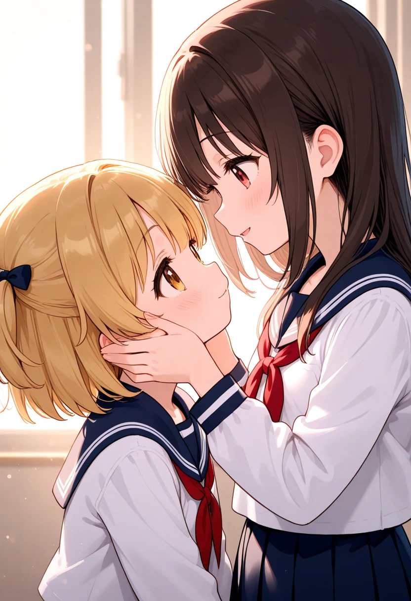 (high quality, 8K, 4K, High Contrast, masterpiece:1.2, 最high quality, Best aesthetics), 2 girls, Blonde hair and lilac eyes, Brown hair and brown eyes, Blushing, Embarrassment, Sailor suit, mini skirt, French kiss, Kiss on the mouth, Tongue kiss, Intimate, Browsing Caution, saliva, bedに腰かけて, Blushed, close your eyes, night, Dim lighting, bed, Silk sheets, cushion, Be alone in your room...