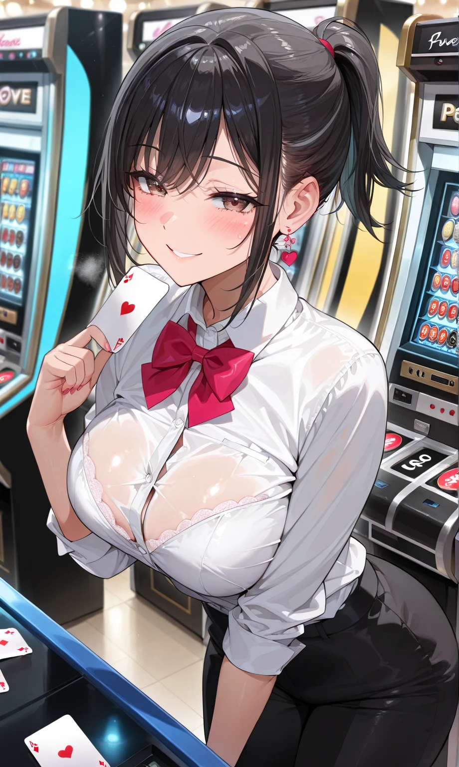 NSFW,masterpiece,Highest quality,High resolution,Very detailed,Madoka Higuchi\(The Idolmaster Shiny Colors\),short hair、Brown Hair、Purple Eyes、hairpin,(Clear Vinyl Playboy Bunny),See-through,Streaks,tray,Condom box,Adult goods,Lustful face,Embarrassed,blush,Glare,casino,(Middle-aged men),Molester,(sexual harassment),Body touch