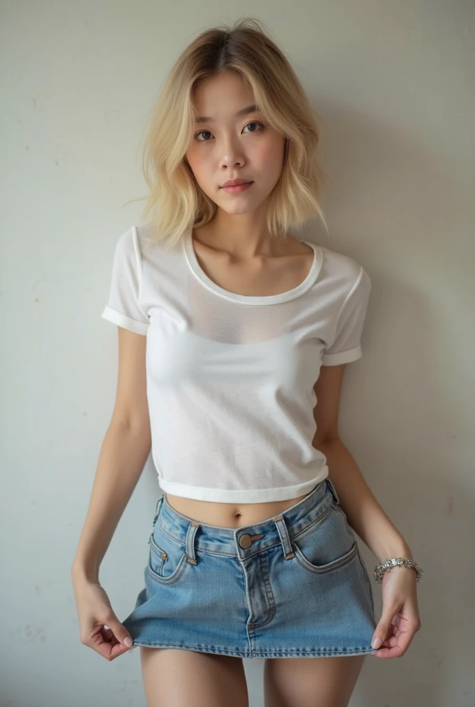 1girl, idol, close-up,photo, film, depth of field, model, looking at viewer,realistic,(((NSFW))),1 girl,cute,(((long sleeves))),flat chest,small breasts,mini T shirt,bare chest,exposed chest,bare ribs,full body,blonde hair,cute,slender,thin body,bare stomach,(((no bra))),visible underarms,T shirt,pants,(((visible lower abdomens))),nipple slip,(((visible mons pubic))),pussy slip,visible crack,(((low rise pants))),(((no panties))),(((poorboob))),(((manaita))),little chest,(((show off pussy))),(((crack))),(((female celft))),smile,young,little,cute,(smallish body),mini,