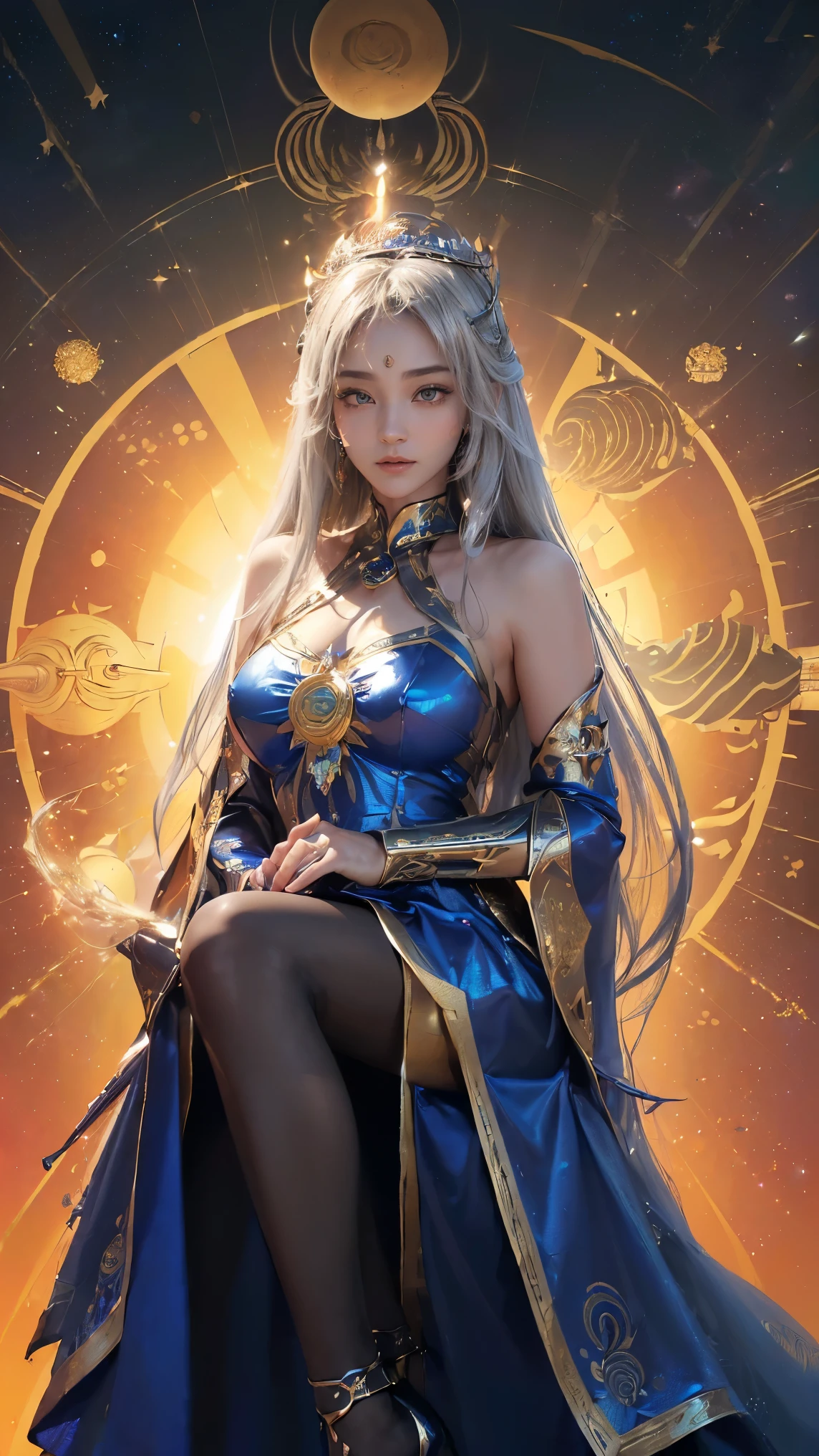 Create an image of a mystical female mage character named Luo Yi from the game Mobile Legends. She wears a white and gold robe adorned with blue gems and has a regal, ethereal appearance. She holds a staff with a glowing orb and geometric shapes floating around her, symbolizing her control over the elements of yin and yang. Her hair is styled elegantly, and her eyes convey wisdom and power. The background should be a dark mystical realm with swirling energy, emphasizing her connection to cosmic forces. Her chest was open and she was not wearing anything on her chest except her legs.