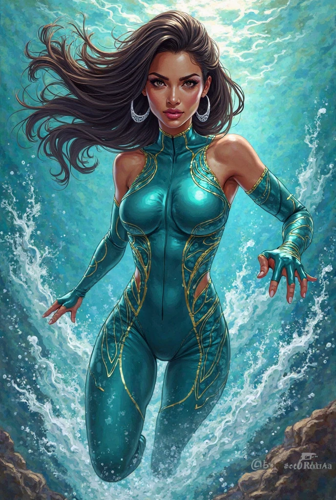 a curvy and big-breasted Brazilian heroine, wearing a sexy river blue high-leg leotard. She has a powerful and confident stance, embodying her connection to the Amazon rainforest. Her appearance is enhanced with natural elements, such as subtle water and plant motifs on her leotard, and her long, flowing hair reflects the vibrancy of the river. The background shows the lush, green environment of the Amazon rainforest, emphasizing her role as a protector of nature.
