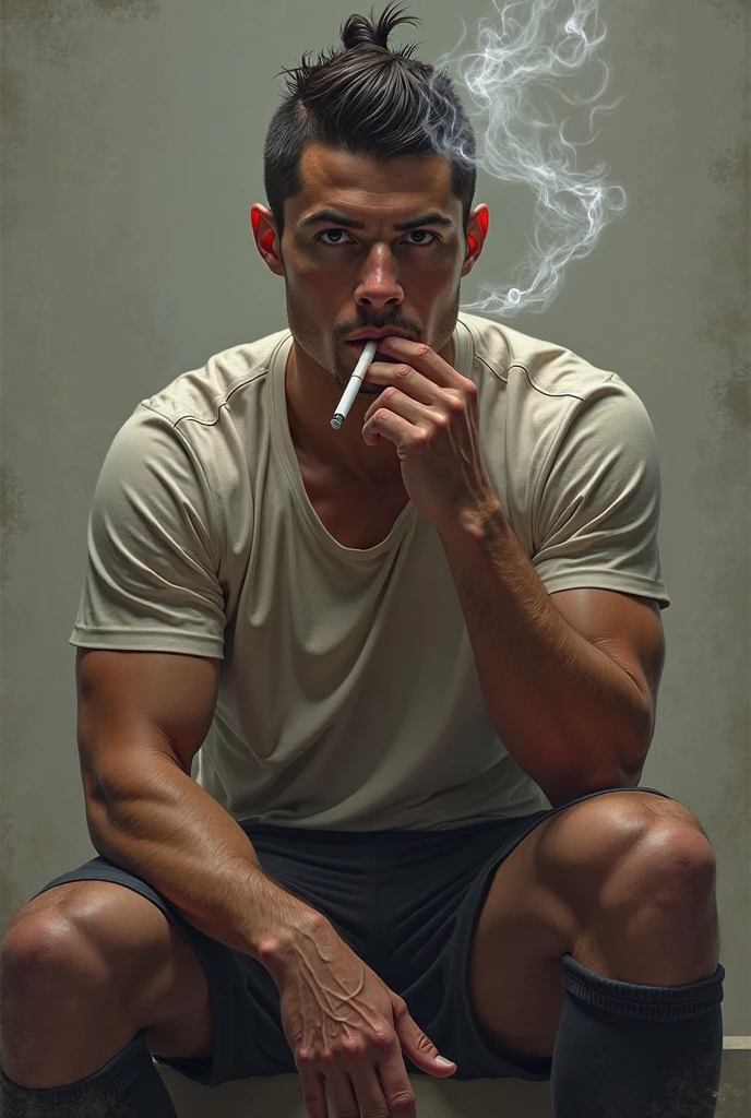 Dark photograph, homoerotic, a shirtless young man, tight black shorts, smoking cigarettes in dark basement of small home, soiled stained carpet, smoking cigarettes, hazy, smokey, film, under the stairs, hanging lightbulb, accurate proportionate, leg thigh knee calf foot barefoot, dirty flat wood paneling walls,