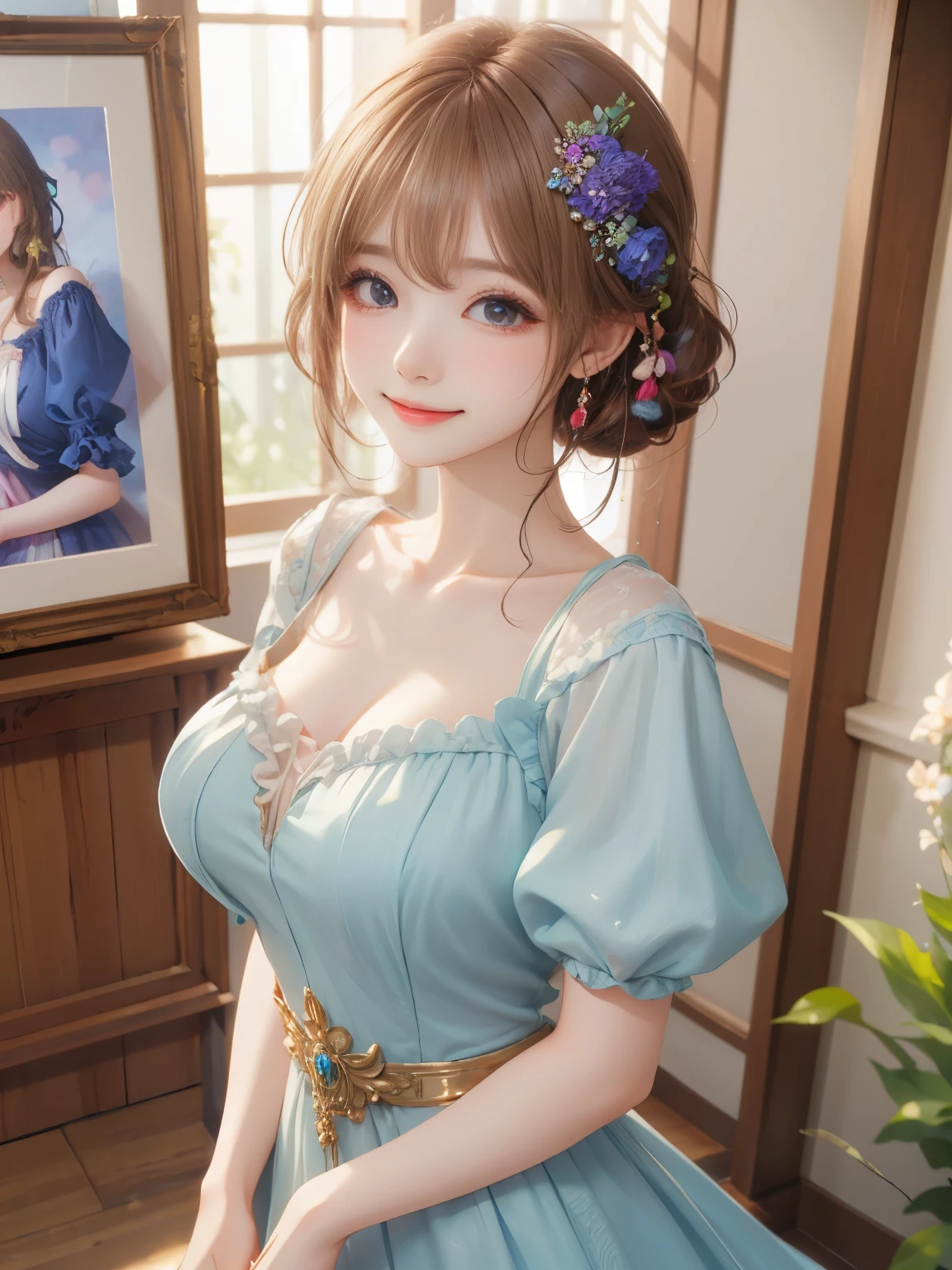 (8k, RAW photos, top quality, masterpiece: 1.2), (best quality: 1.2), (realistic, photorealistic: 1.37), (High Quality), (Ultra realistic), (High Details), (Face detail), (Shadow Detail), (big breast : 1.5), mature female, MILF, 1 girl, solo, blue eyes, light brown hair, (sharp eyes : 1.3), red Lips, Blush, (Extreamly Face Detailed), (Ultra Face Detailed), (fingers detailed), purple dress, (faint smile : 1.3), (thin lips: 1.3)