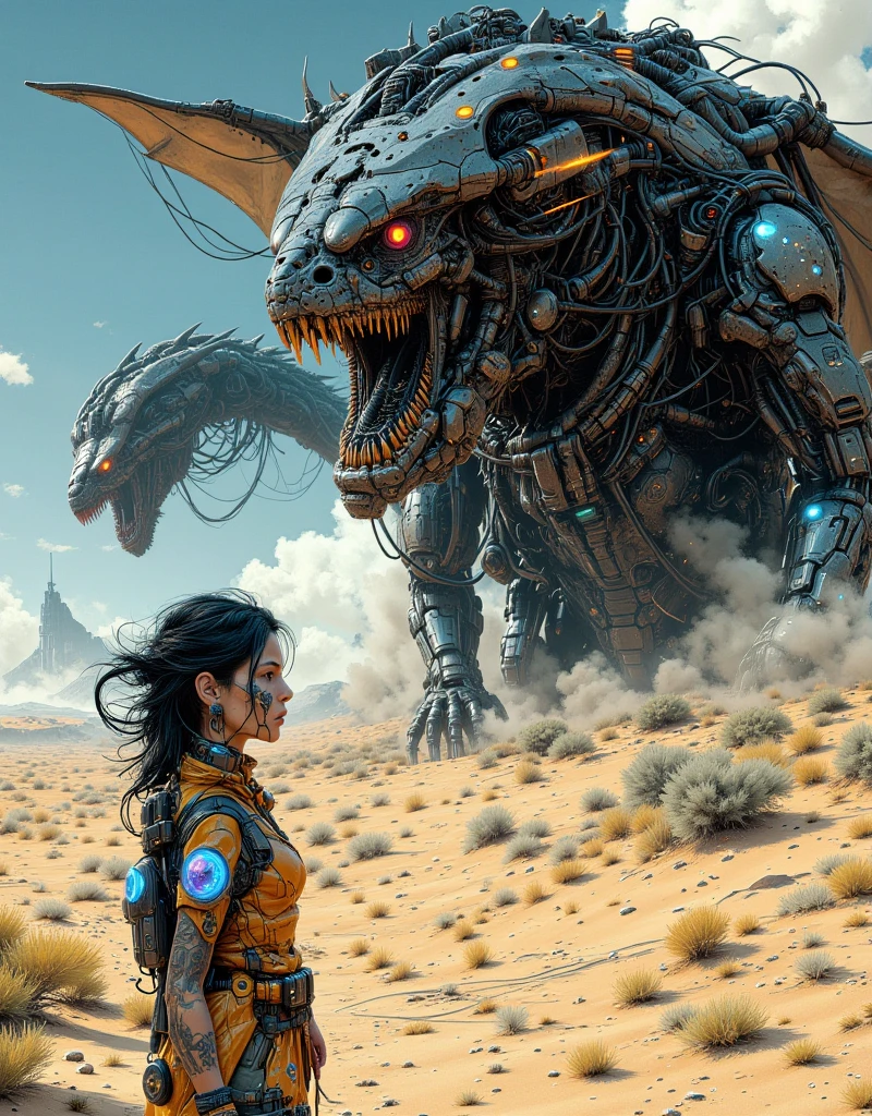 a dark fantasy scene, furiosa from mad max sitting on a huge mechanical dragon, incredibly detailed mechanical creature, flowing cape, heroic pose, cinematic dramatic lighting, fantasy landscape, moody cloudy sky, epic fantasy scene, (best quality,4k,8k,highres,masterpiece:1.2),ultra-detailed,(realistic,photorealistic,photo-realistic:1.37),hyper detailed,highly intricate,extremely detailed,vibrant colors,dramatic shadows,dramatic lighting,dramatic atmosphere,dramatic moody lighting,stunning cinematic lighting,stunning cinematic composition