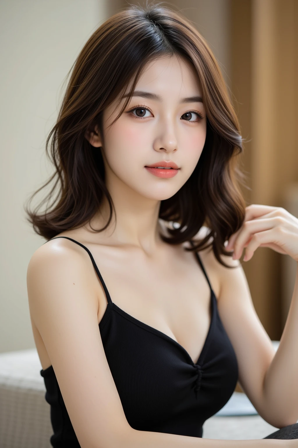 table top, highest quality, shape, Super detailed, finely, High resolution, 8k wallpaper, 完璧なダイナミックな構shape, finelyて美しい目, 30 year old mature woman、shapeの良い中程度の胸、natural lip, Tank top, big breasts, cleavage, whole body, Navel exposure, random sexy pose
