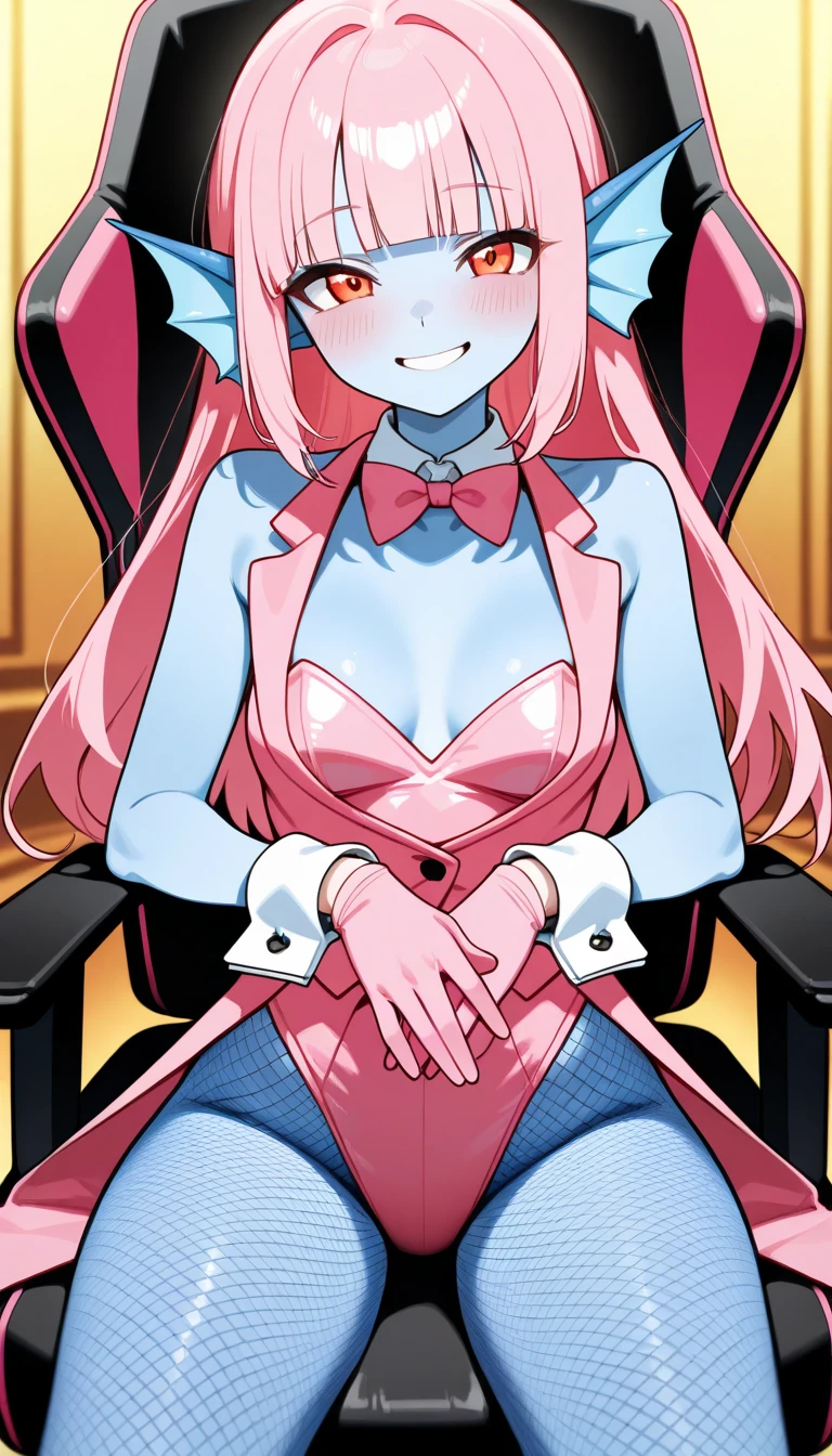 1girl, solo, (masterpiece, best quality:1.4),((best quality)), ((highly detailed)), masterpiece, absurdres, (detailed eyes, deep eyes), bunny girl, pink hair, long hair, bangs, blue eyes, white pupils, thrilled smile, D-cup, full breasts, deep cleavage, rabbit ears, fake animal ears, headset, headphone's, ear piece, rabbit tail, blue leotard, detached collar, pink bow, bare shoulders, black pantyhose, wrist cuffs, excited expression, smiling, teeth, front of the computer doing a Twitch livestream, the girl is a Twitch streamer, Twitch streamer/gamer, highly detailed background, ((Background: Indoors, in a room with blue and magenta colors:1.3, desk, chair, microphone, mouse, keyboard, There are multiple computer monitors)), sitting on a chair, depth of field, UHD, masterpiece, High quality art style, best quality,
